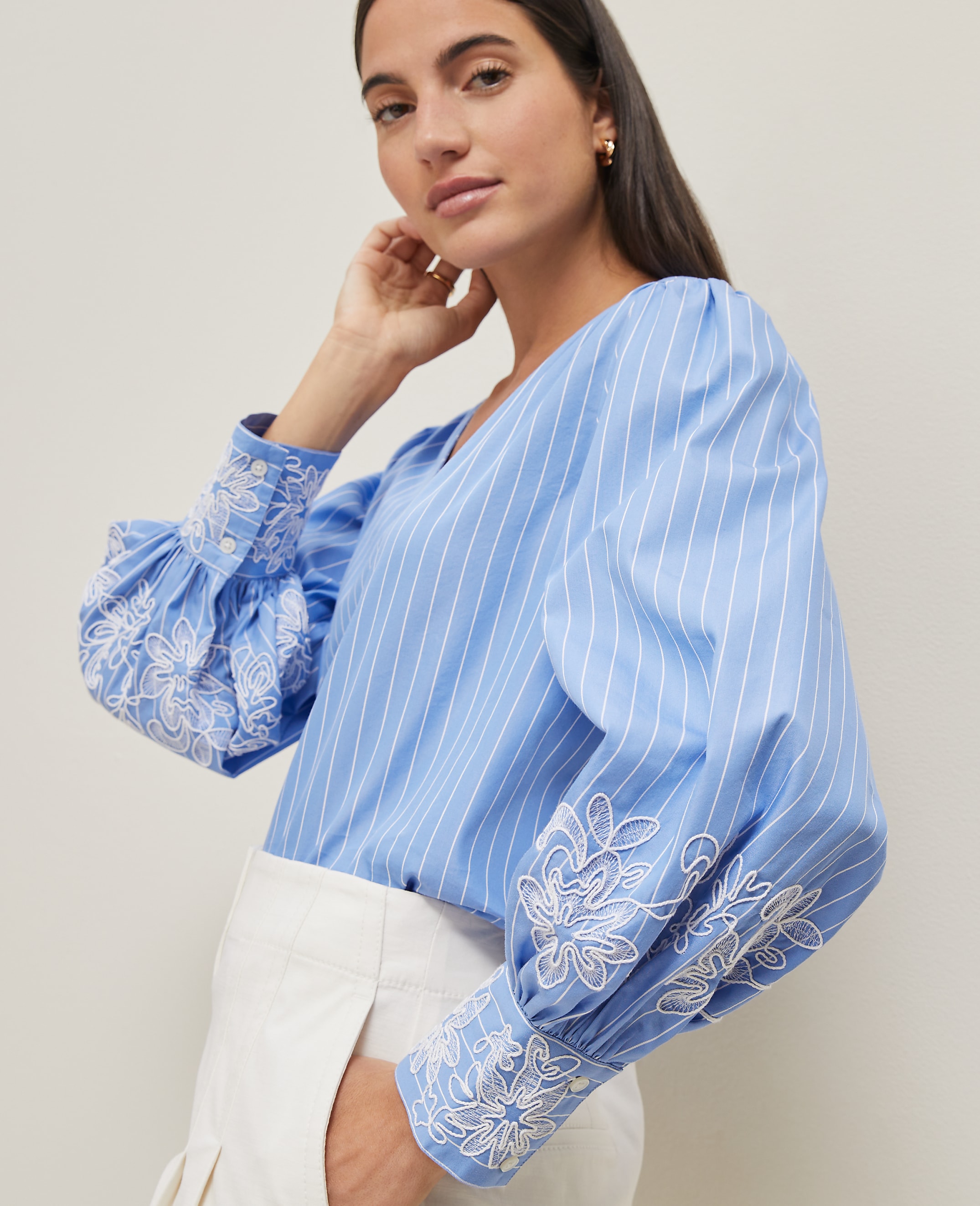 Striped Embroidered V-Neck Popover