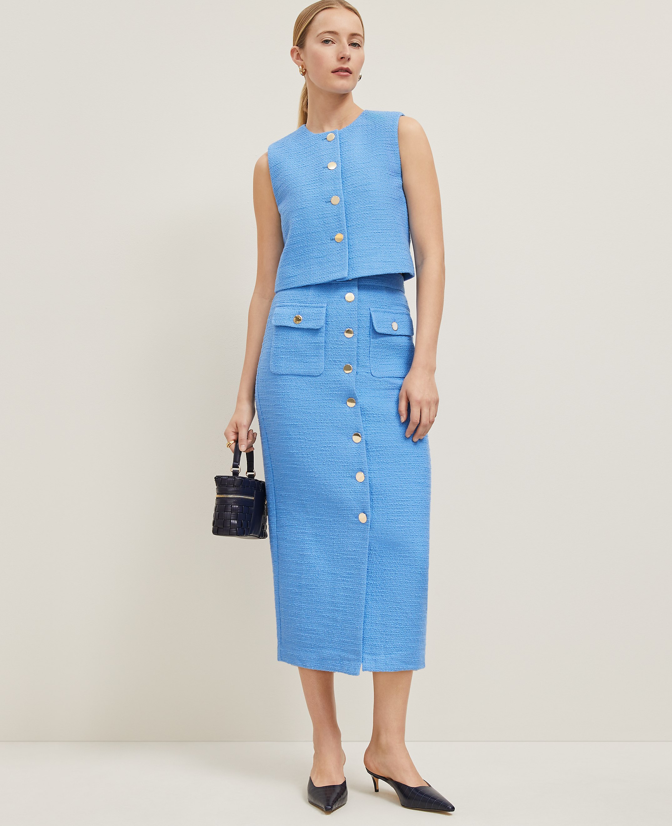 Tweed Button Column Skirt