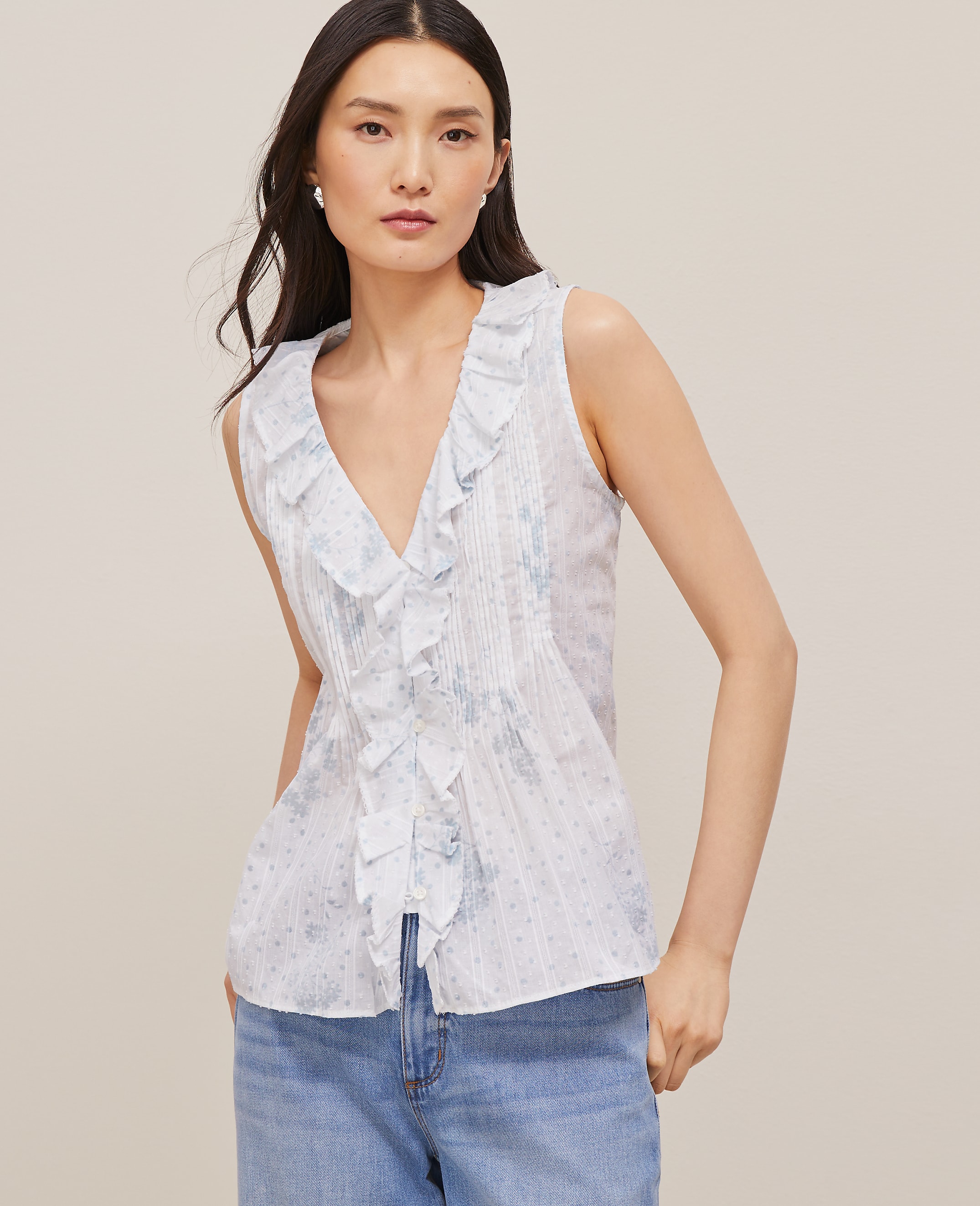 Floral Pintucked Ruffle Sleeveless Top