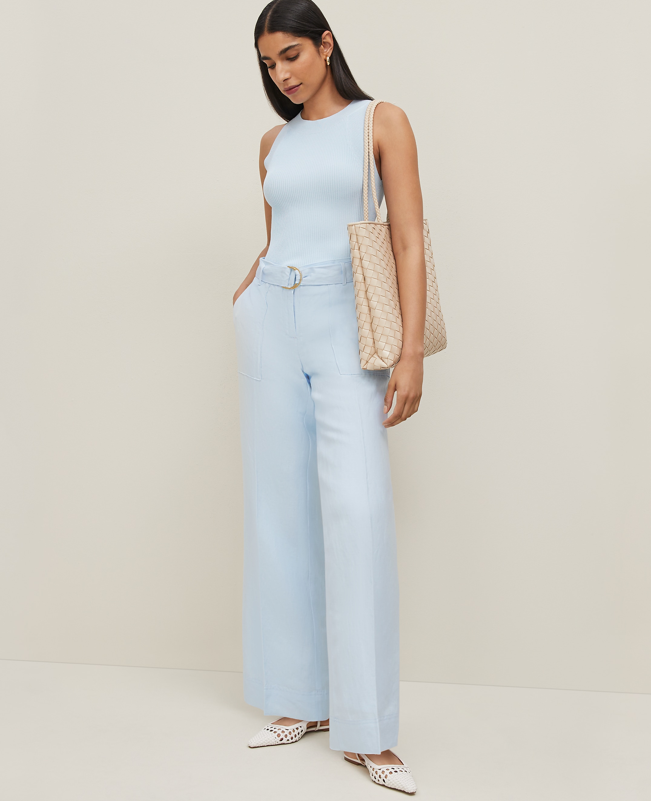 The Petite Belted Wide-Leg Pant in Linen Blend