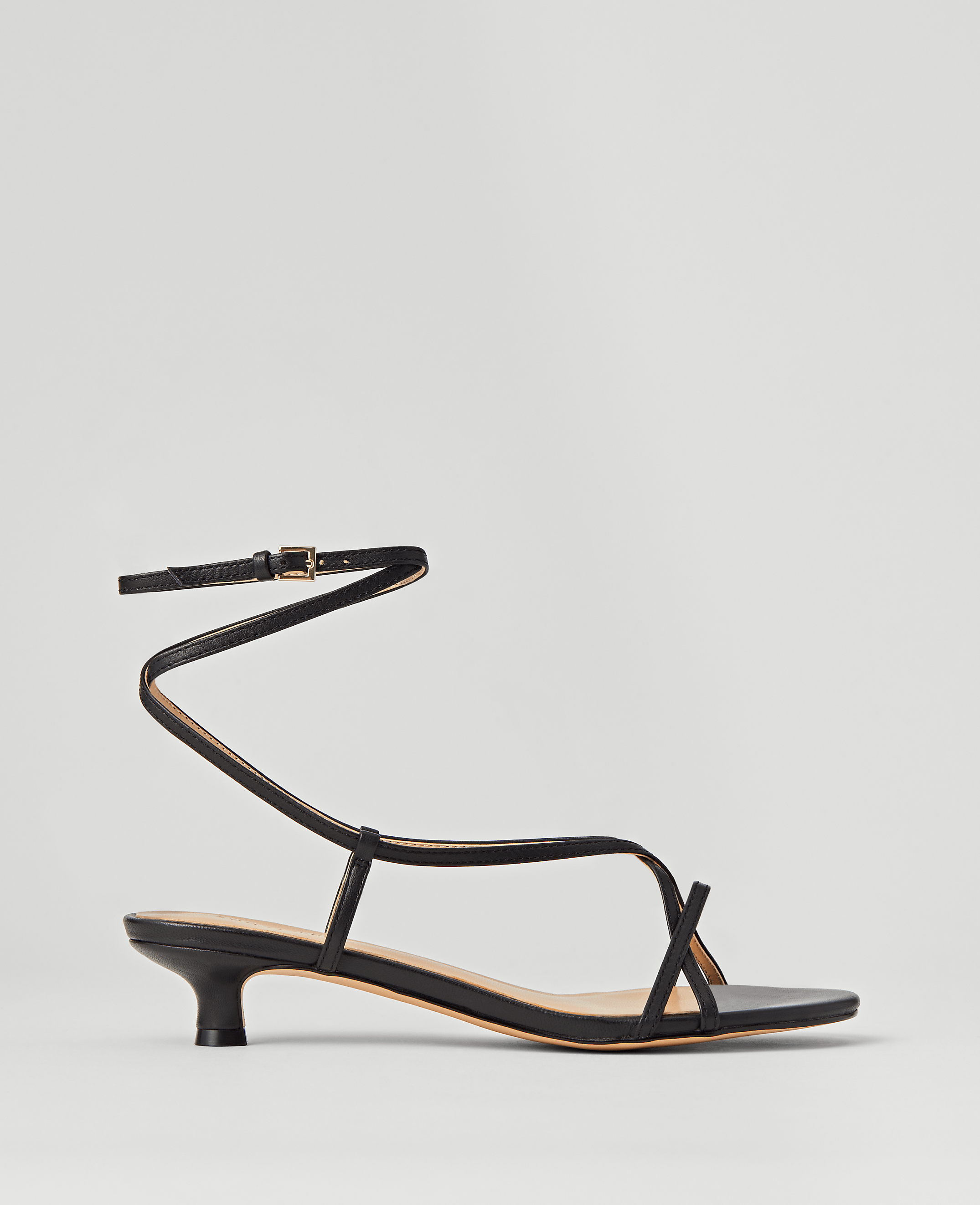 Leather Strappy Ankle Wrap Kitten Heel Sandals