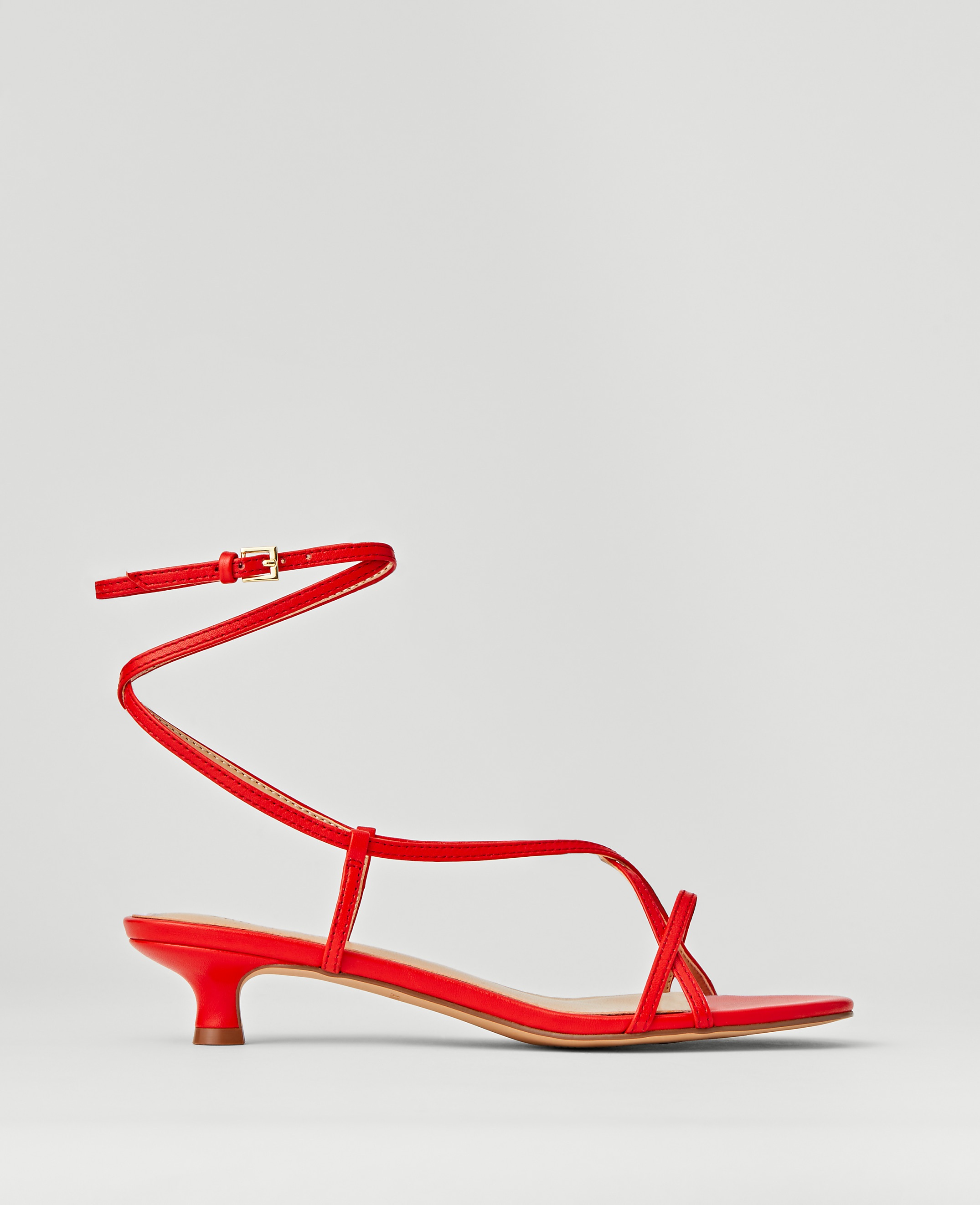 Leather Strappy Ankle Wrap Kitten Heel Sandals