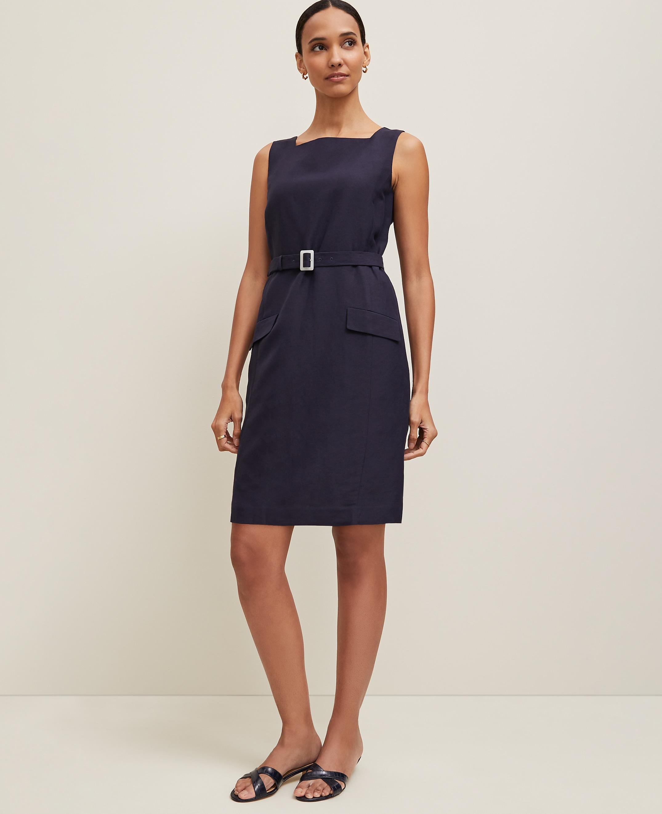 Linen Blend Square Neck Sheath Dress
