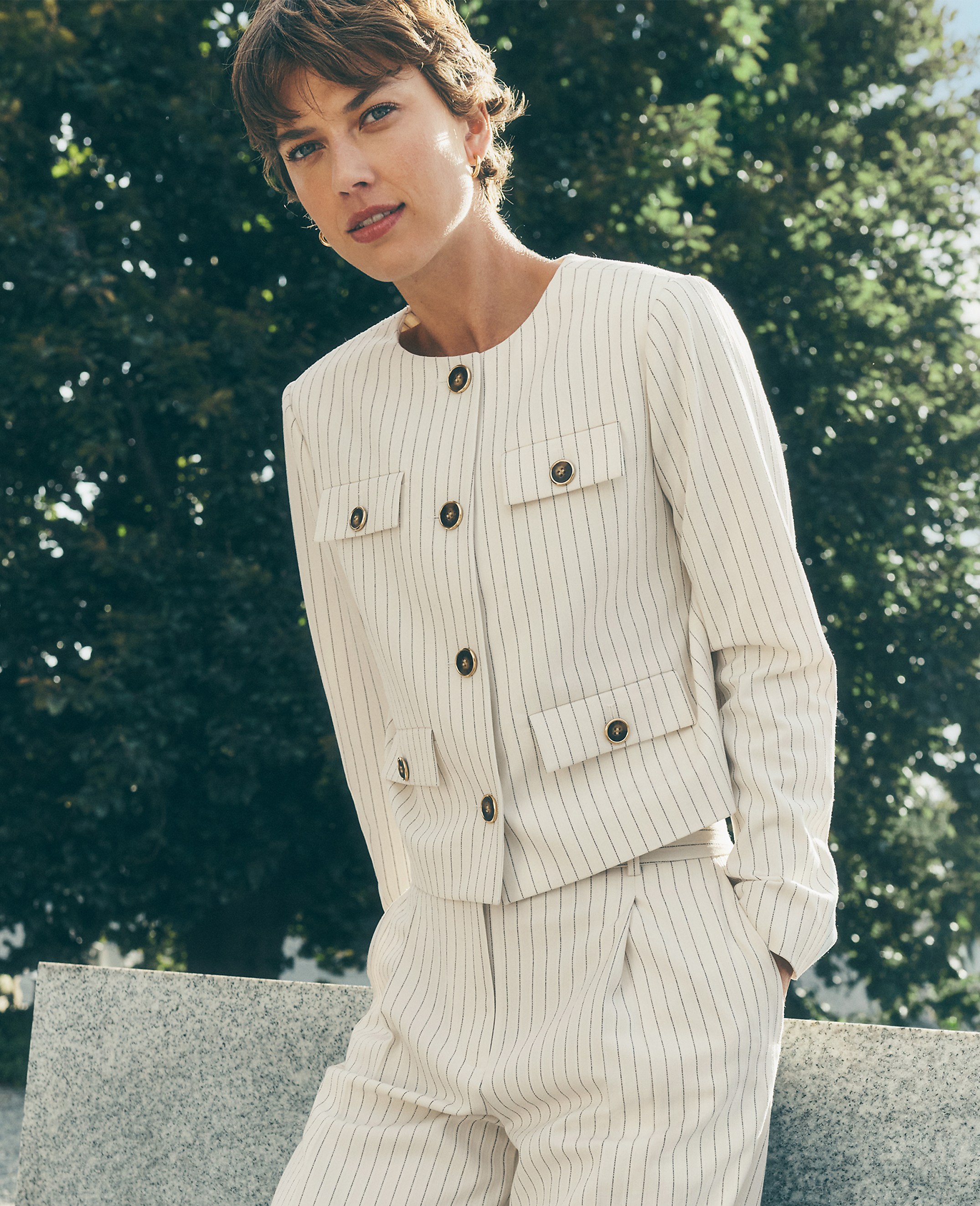 Petite Pinstripe Crew Neck Jacket