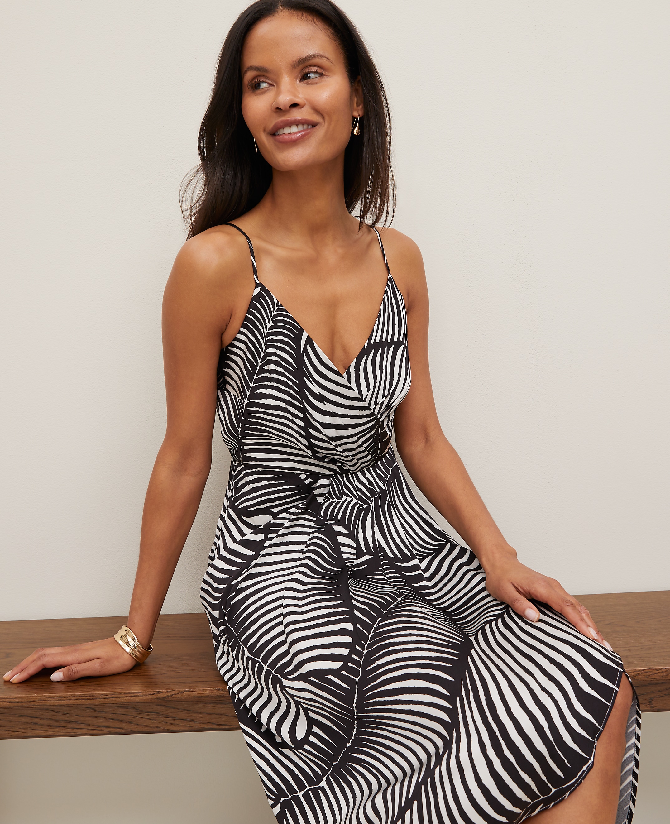 Satin Strappy Sheath Dress in Palm Print