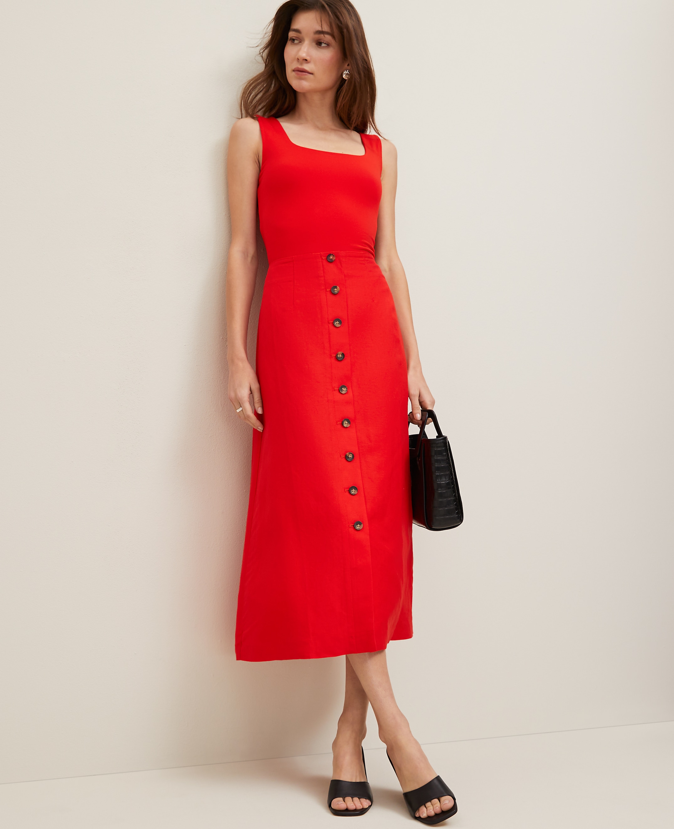 Linen Blend Button Front Skirt