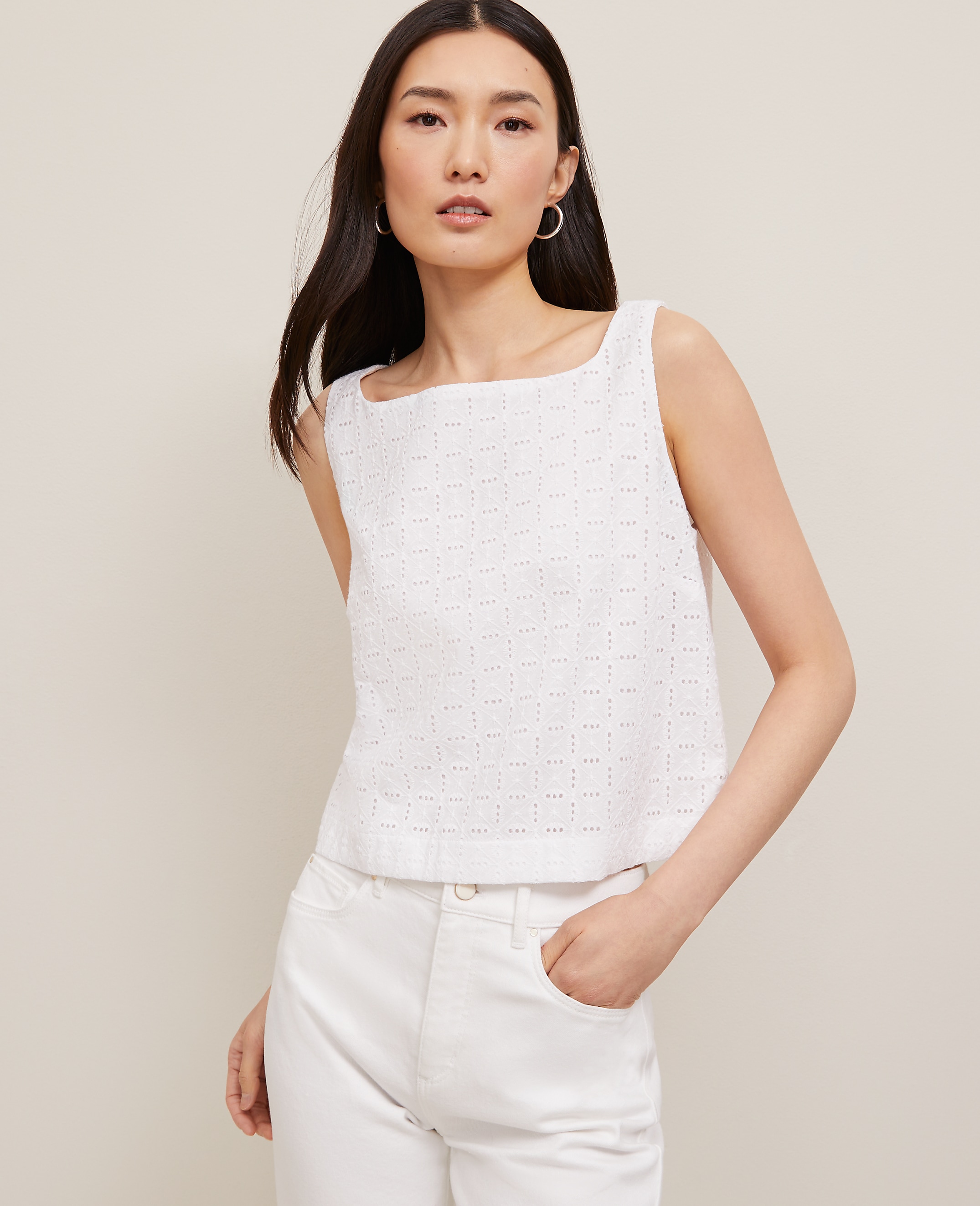 Eyelet Linen Blend Tank Top