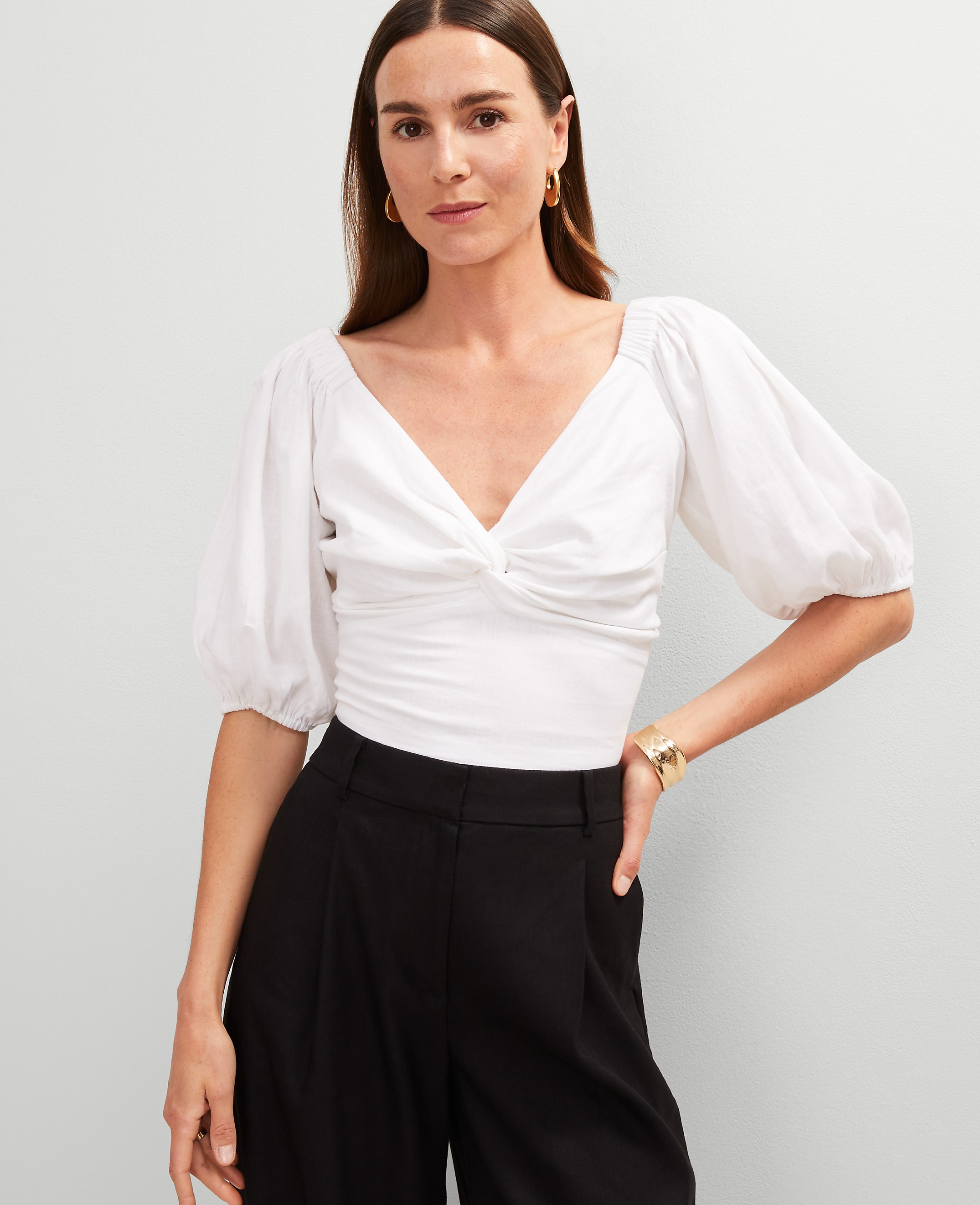 Petite Linen Blend Knotted Tie Back Blouse
