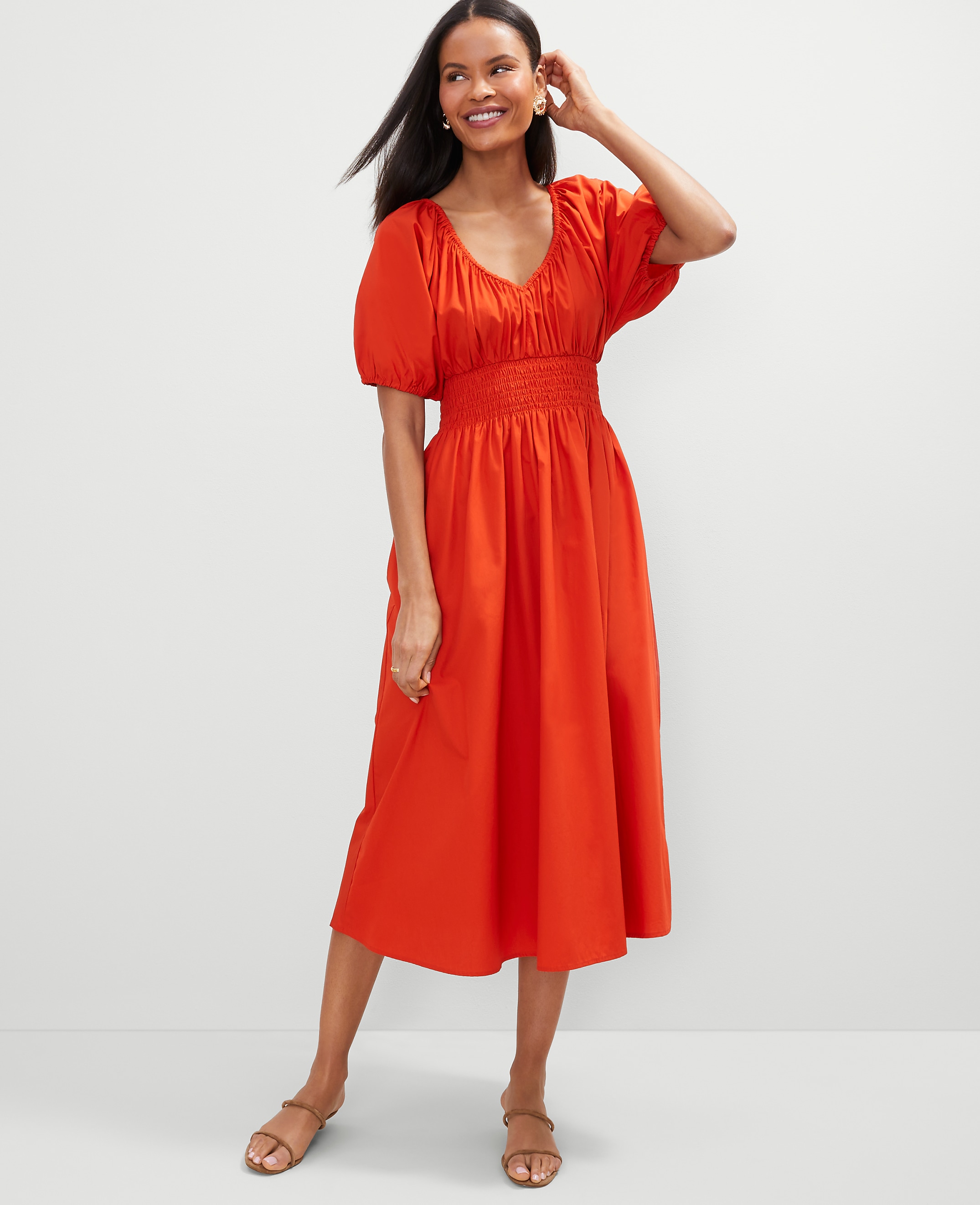 Smocked Puff Sleeve Midi Dress