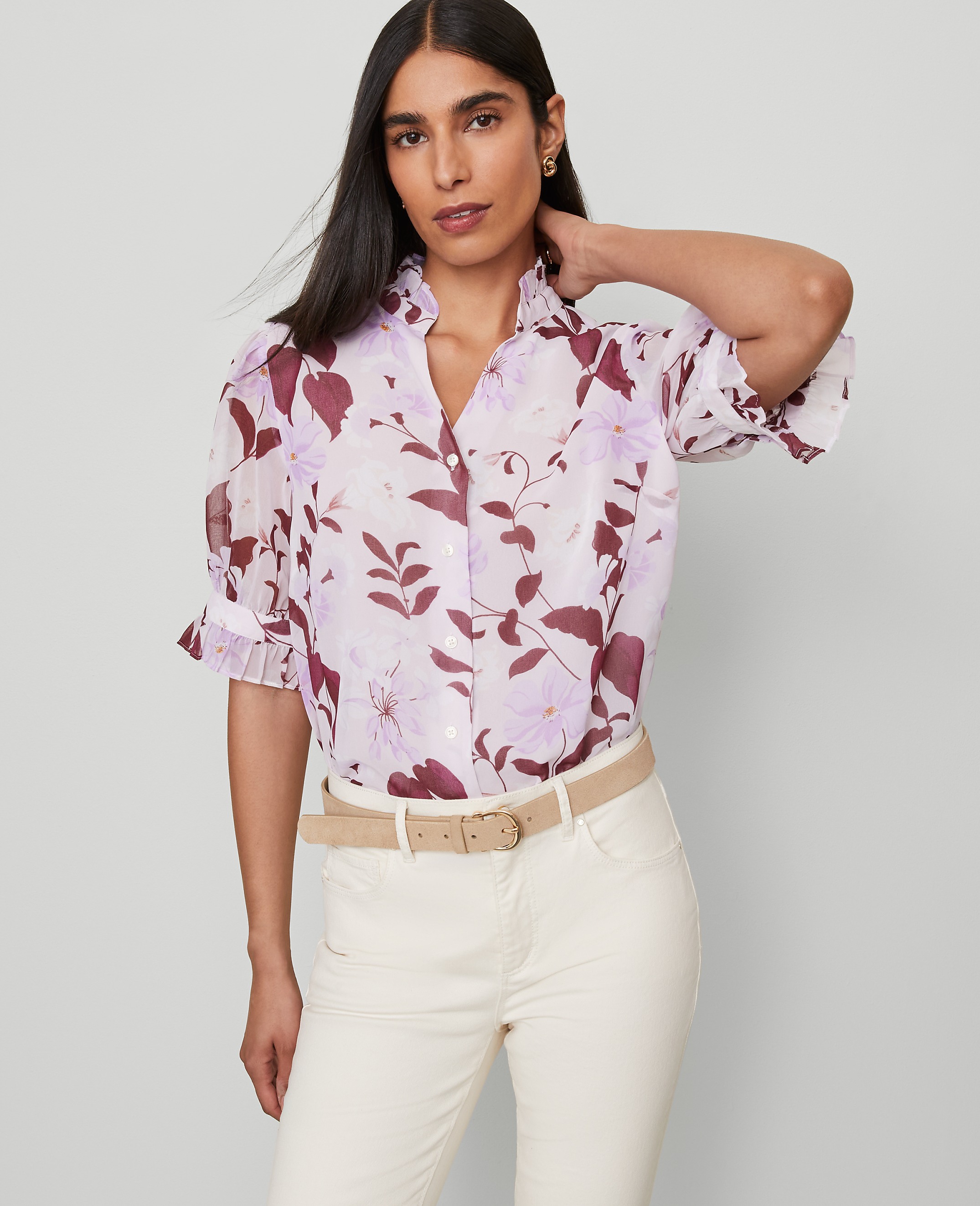 Floral Ruffle Collar Shirt