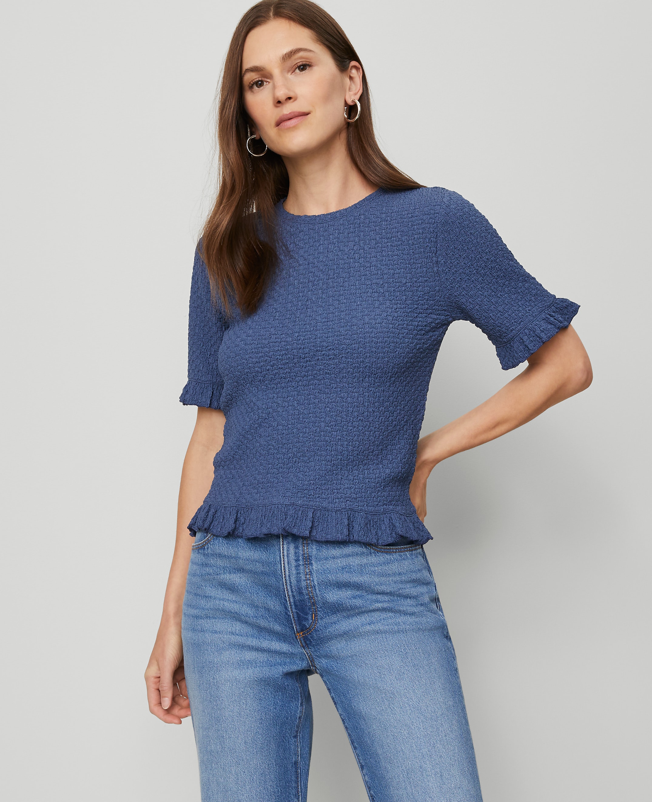 Petite Popcorn Knit  Ruffle Trim Blouse