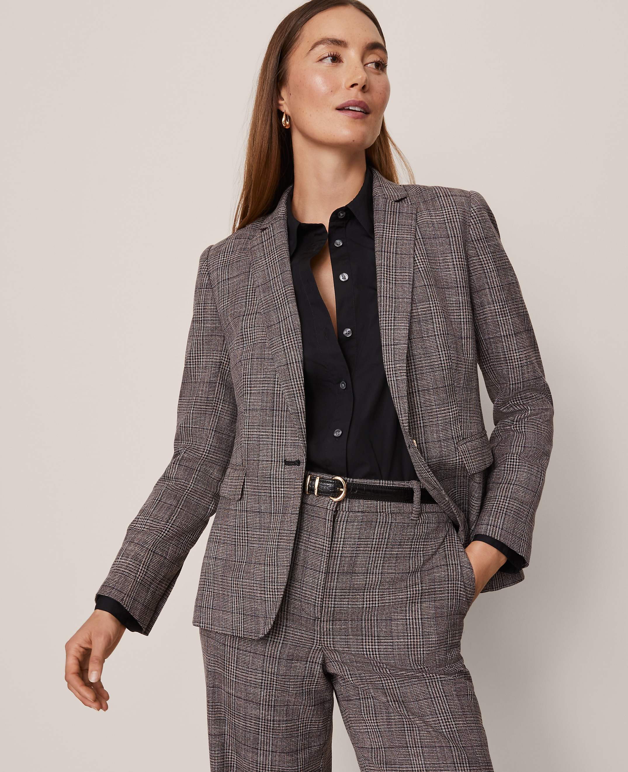 The Petite Notched One Button Blazer in Plaid