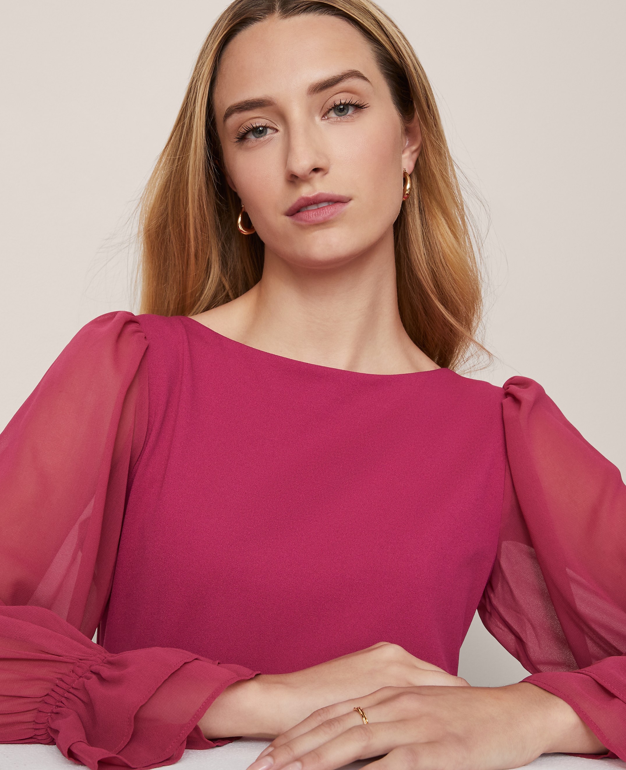 Petite Mixed Media Pleated Sleeve Top