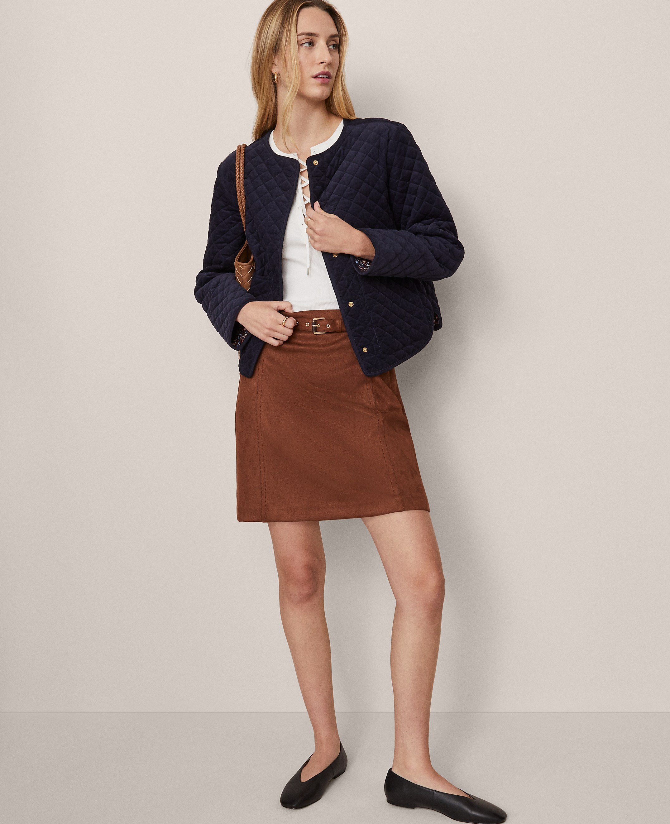 Weekend Collection Faux Suede Belted A-Line Skirt