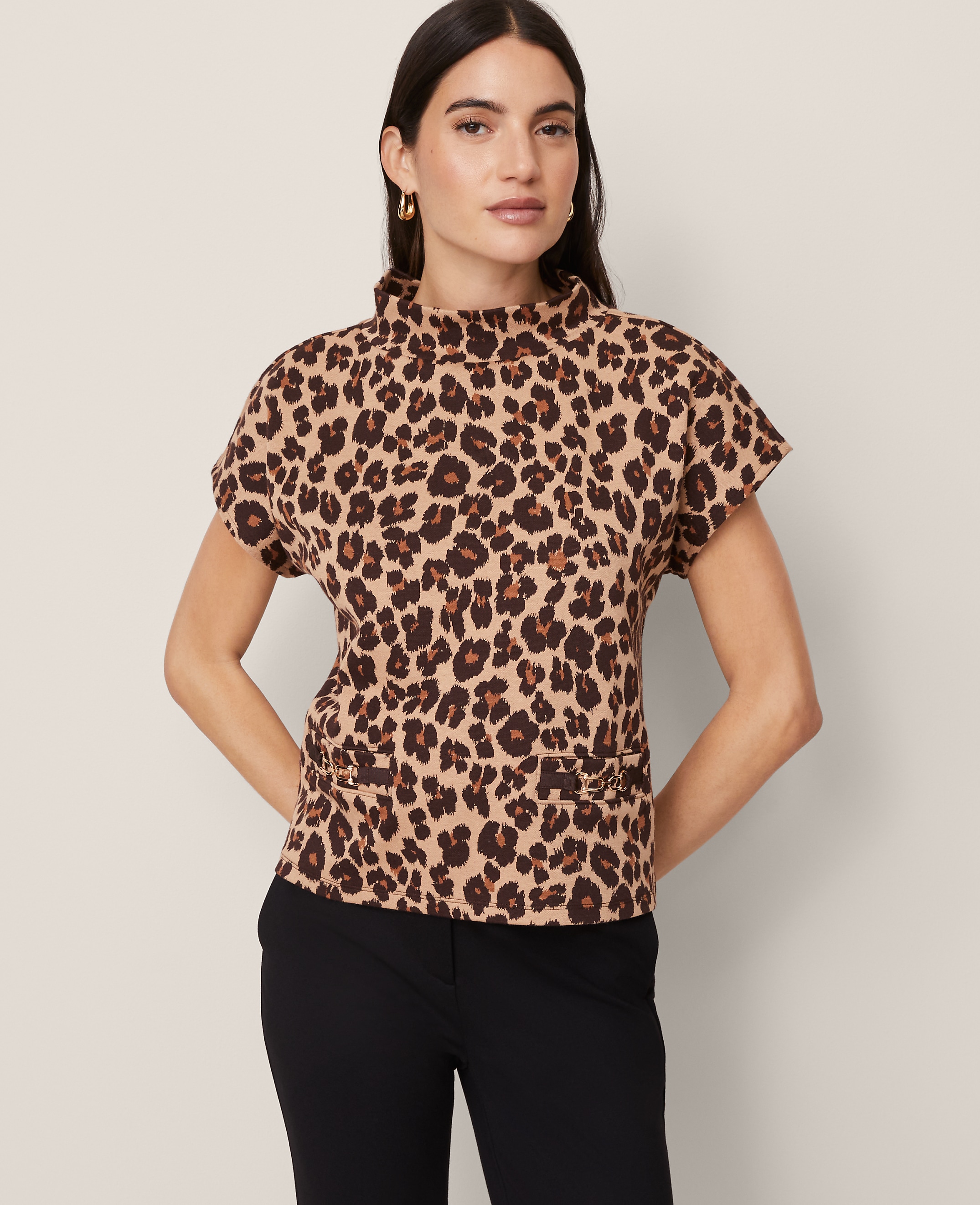 Petite Animal Print Horsebit Mock Neck Top