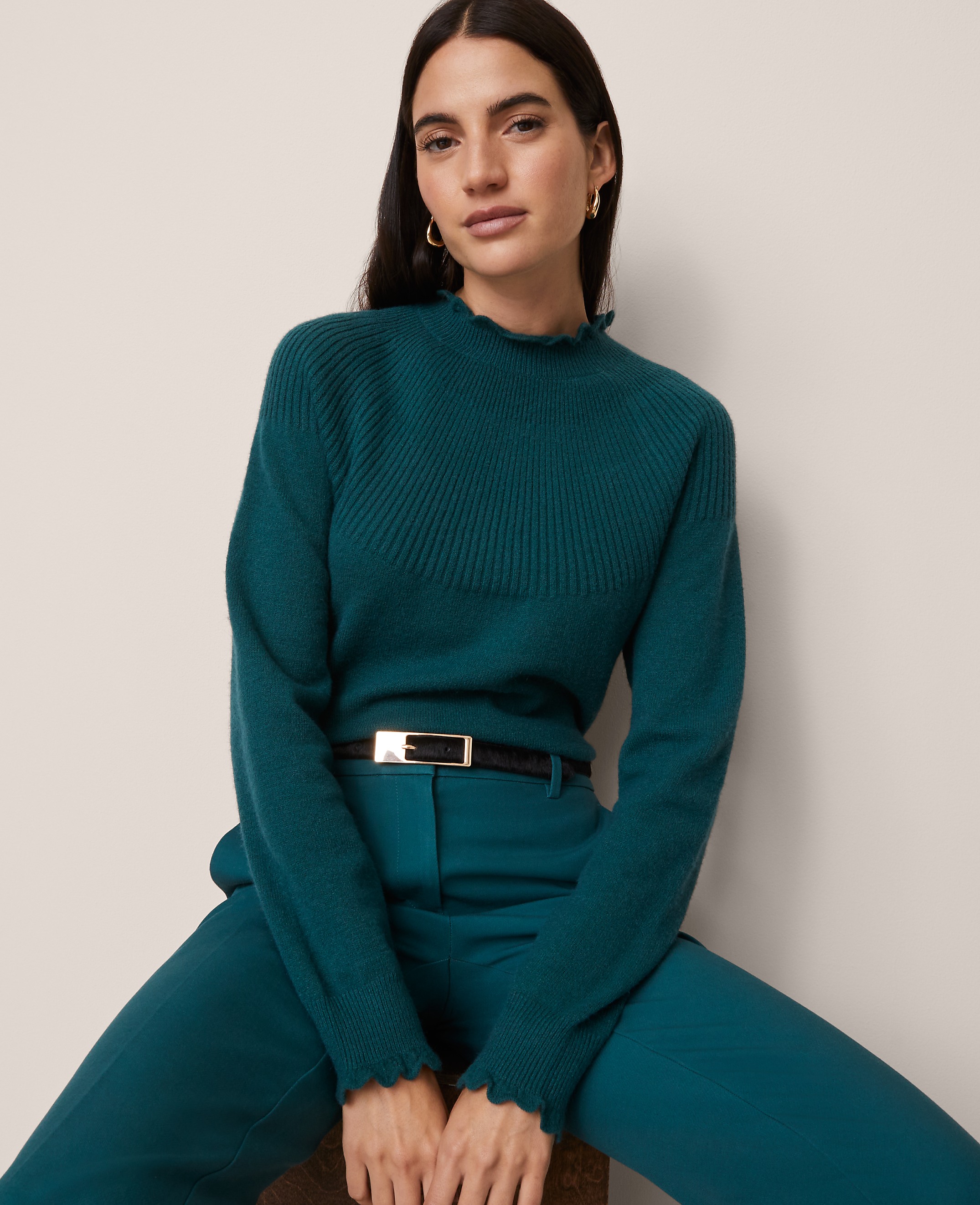 Petite Ruffle Trimmed Mock Neck Sweater