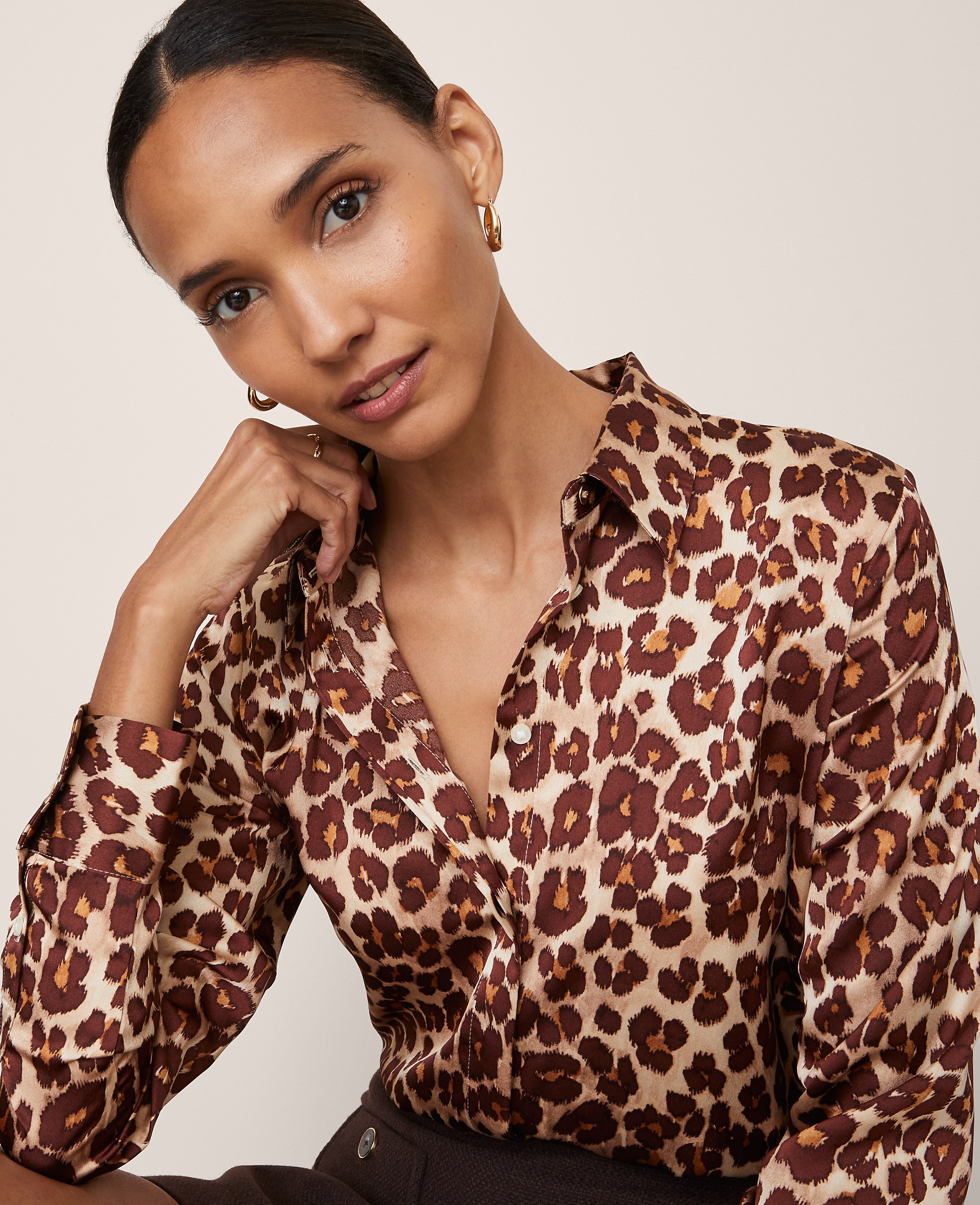 Petite Animal Print Satin Button Down Shirt