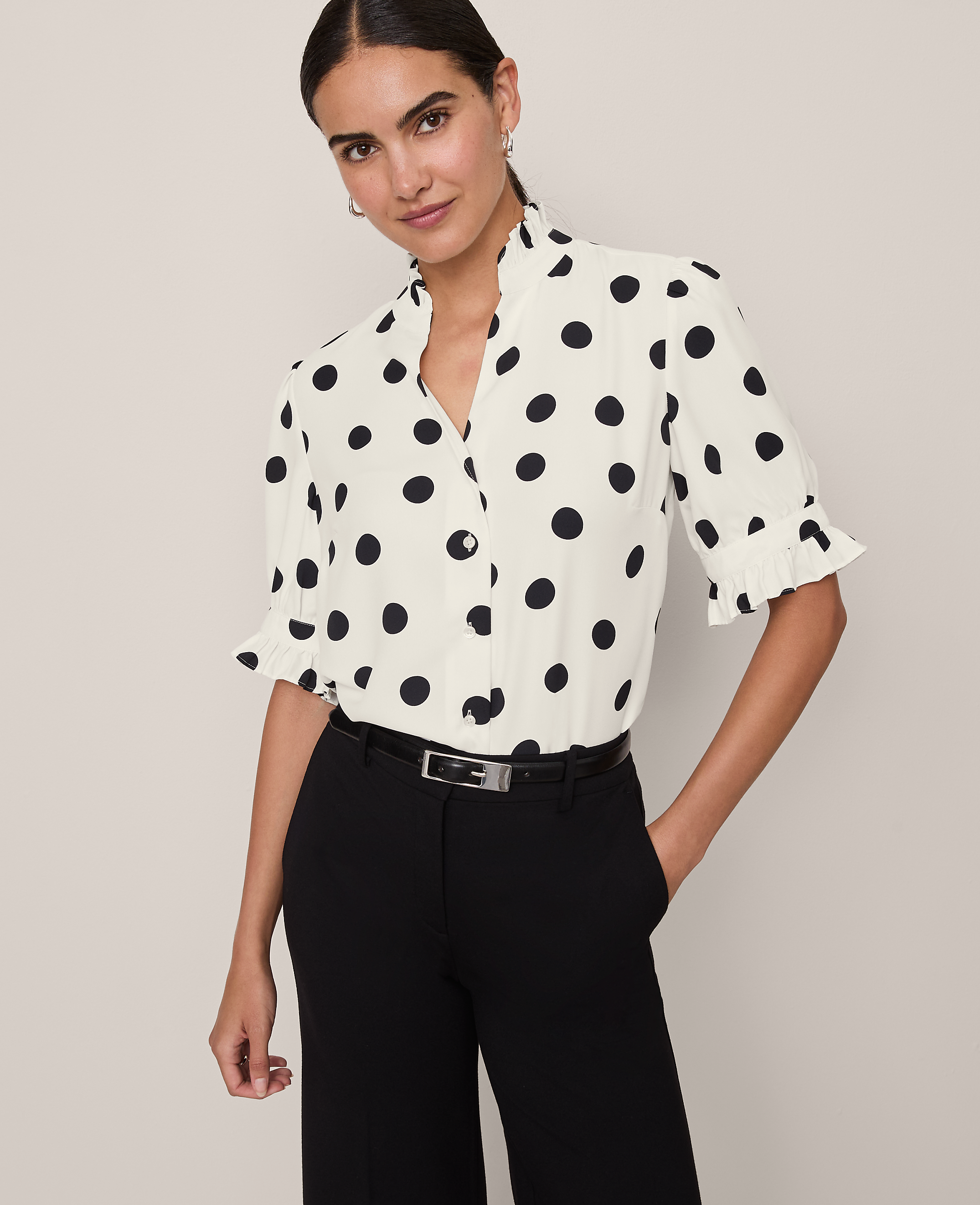 Dotted Ruffle Collar Shirt
