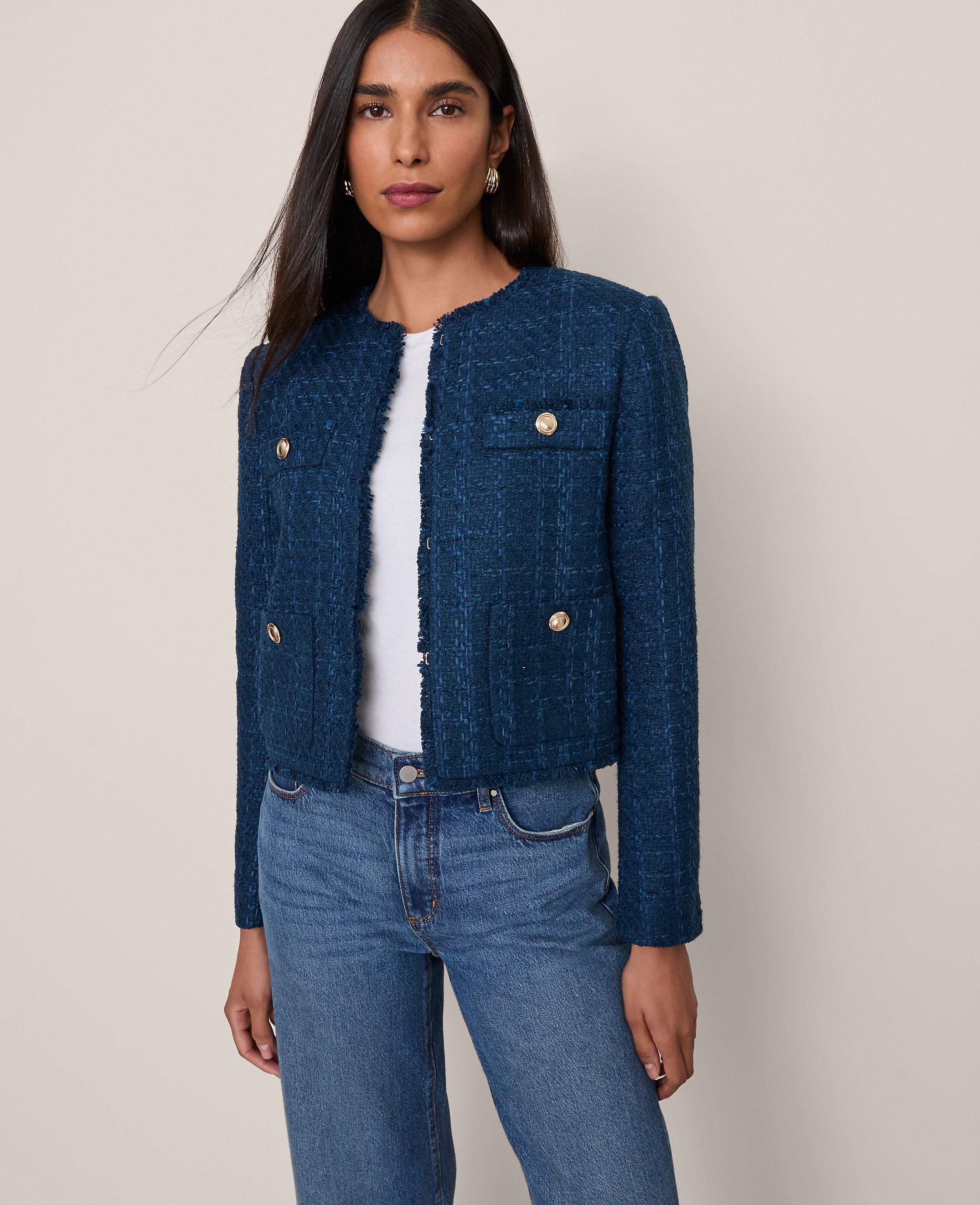 The Petite Cropped Crew Neck Jacket in Tweed