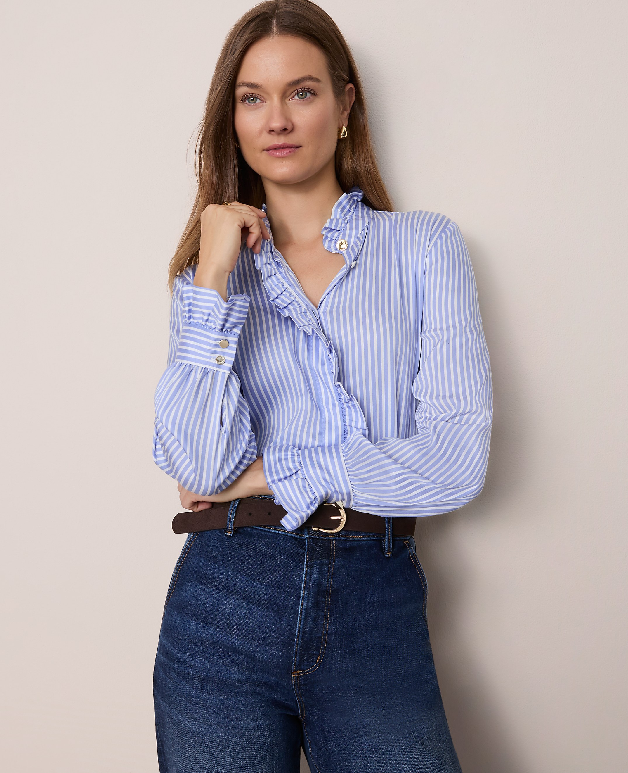 Petite Striped Ruffle Collar Blouse