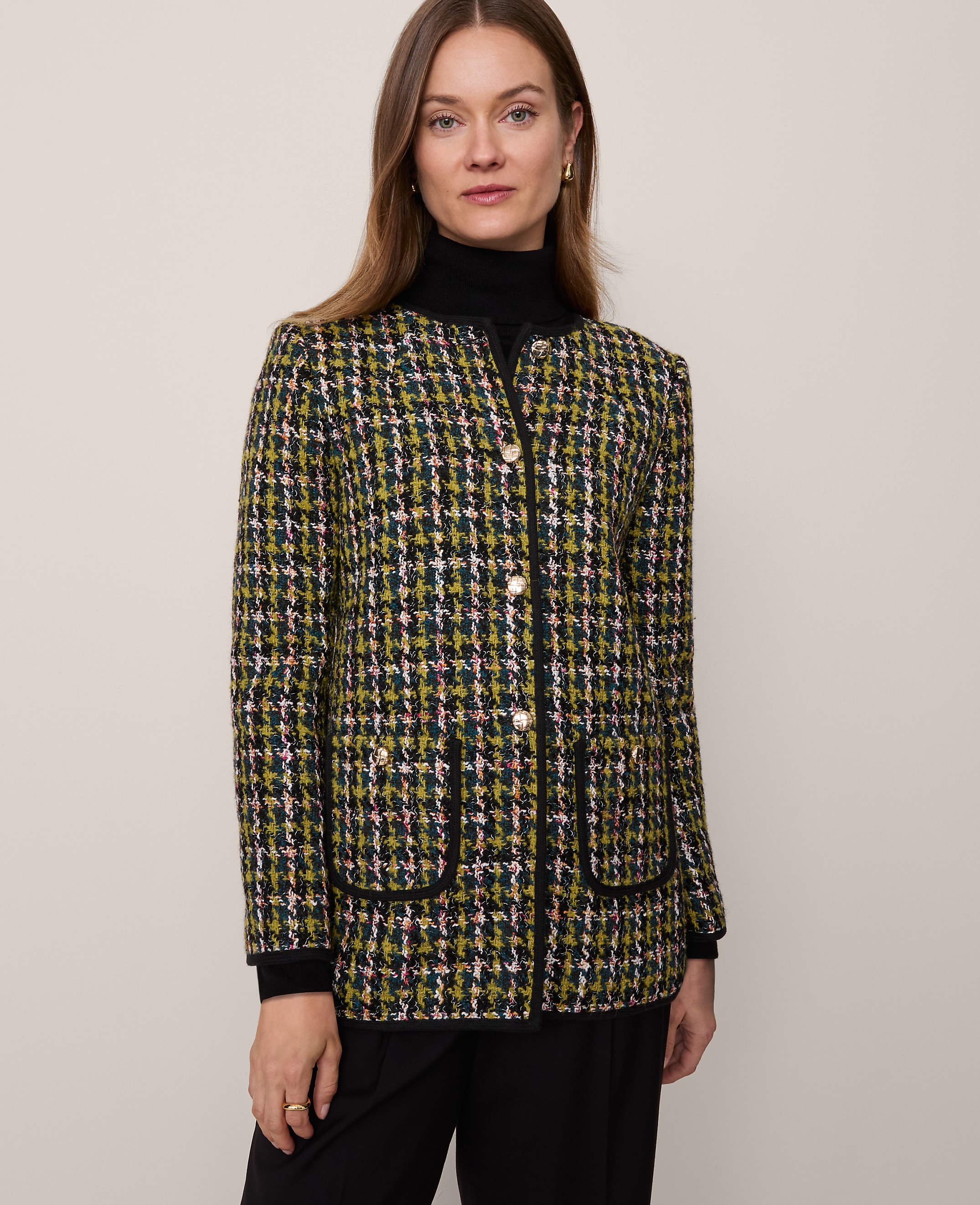The Petite Long Crew Neck Jacket in Houndstooth Tweed