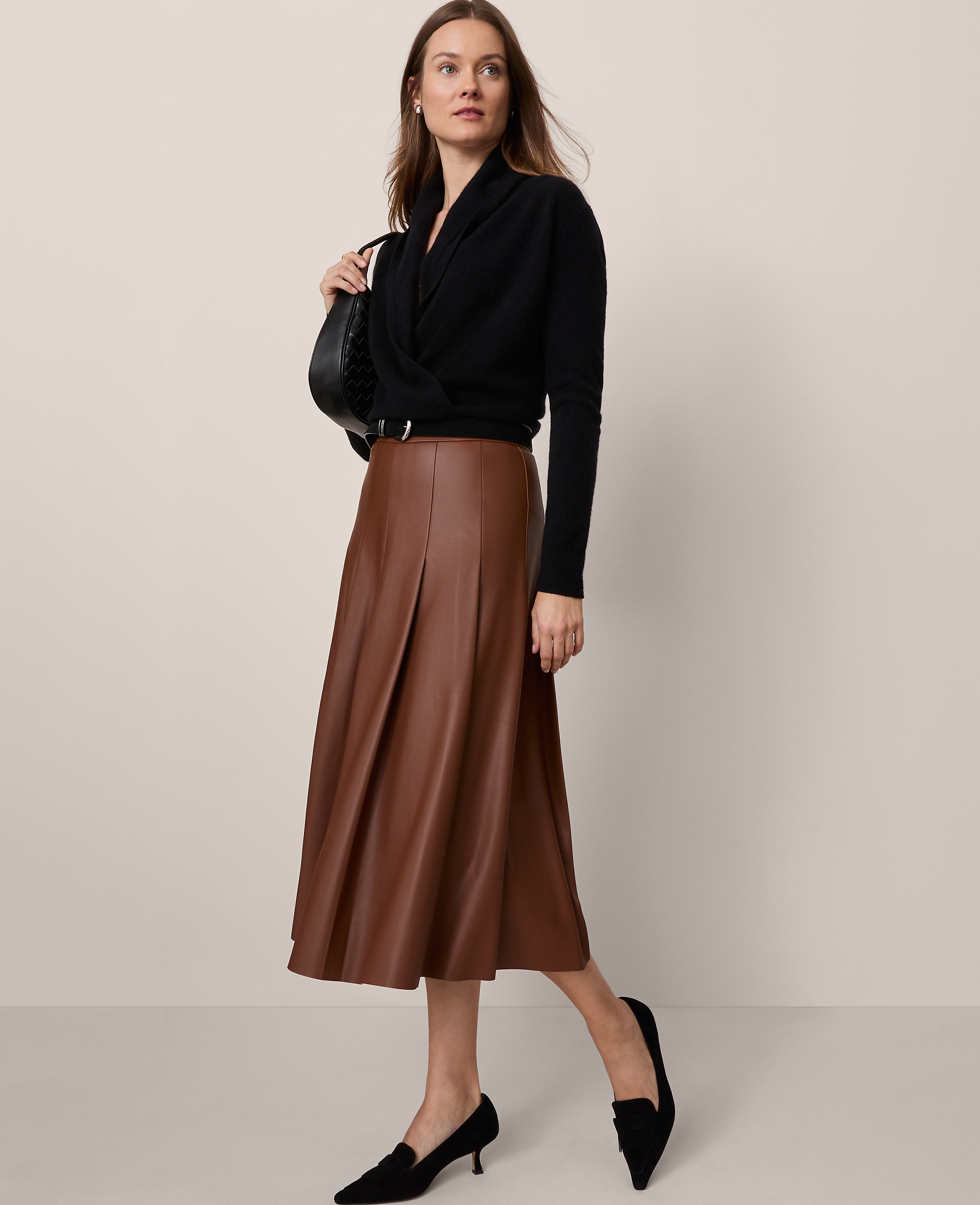 Faux Leather Pleated Midi Skirt