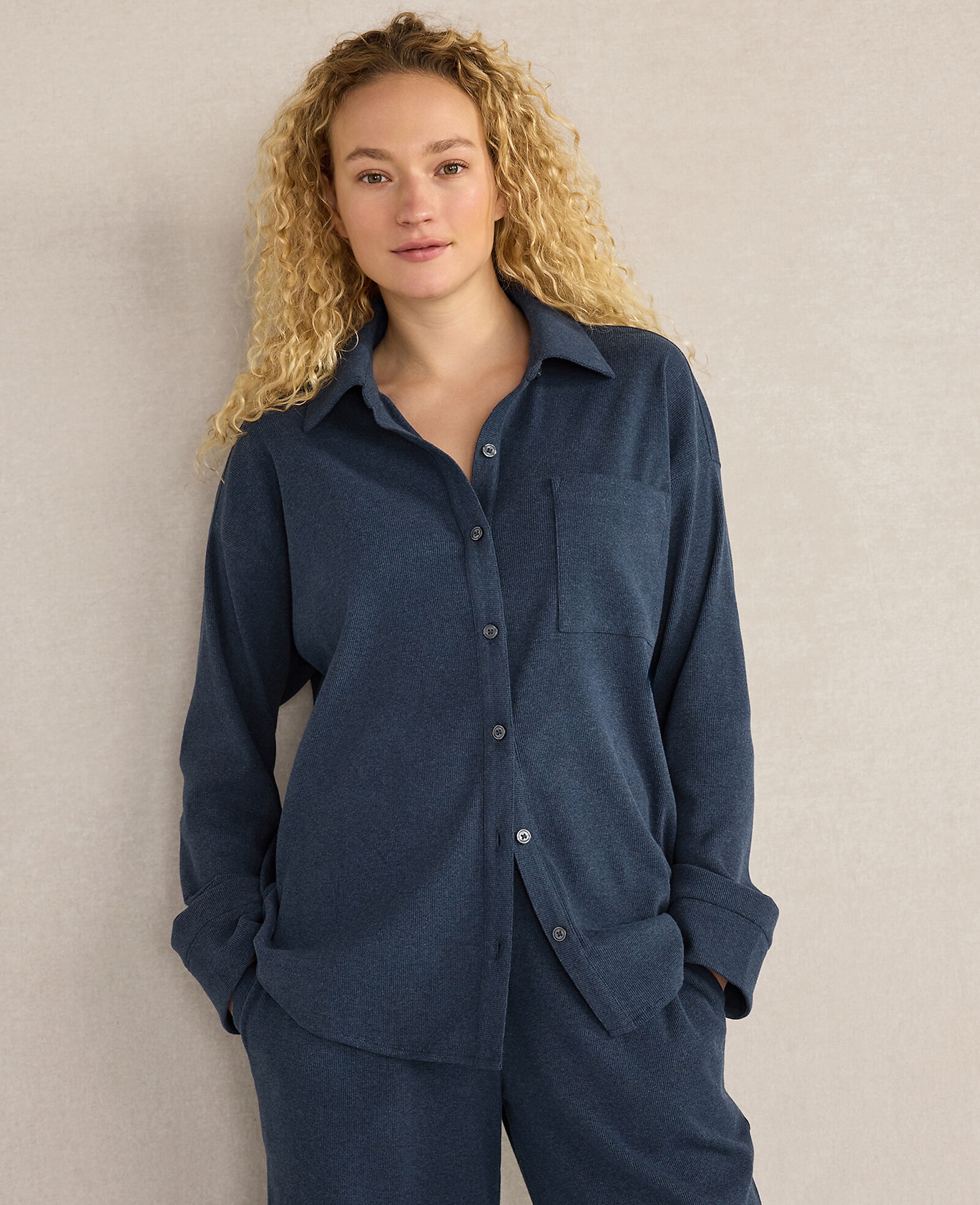 Haven Well Within Organic Cotton Rib Knit Relaxed Button Down Top