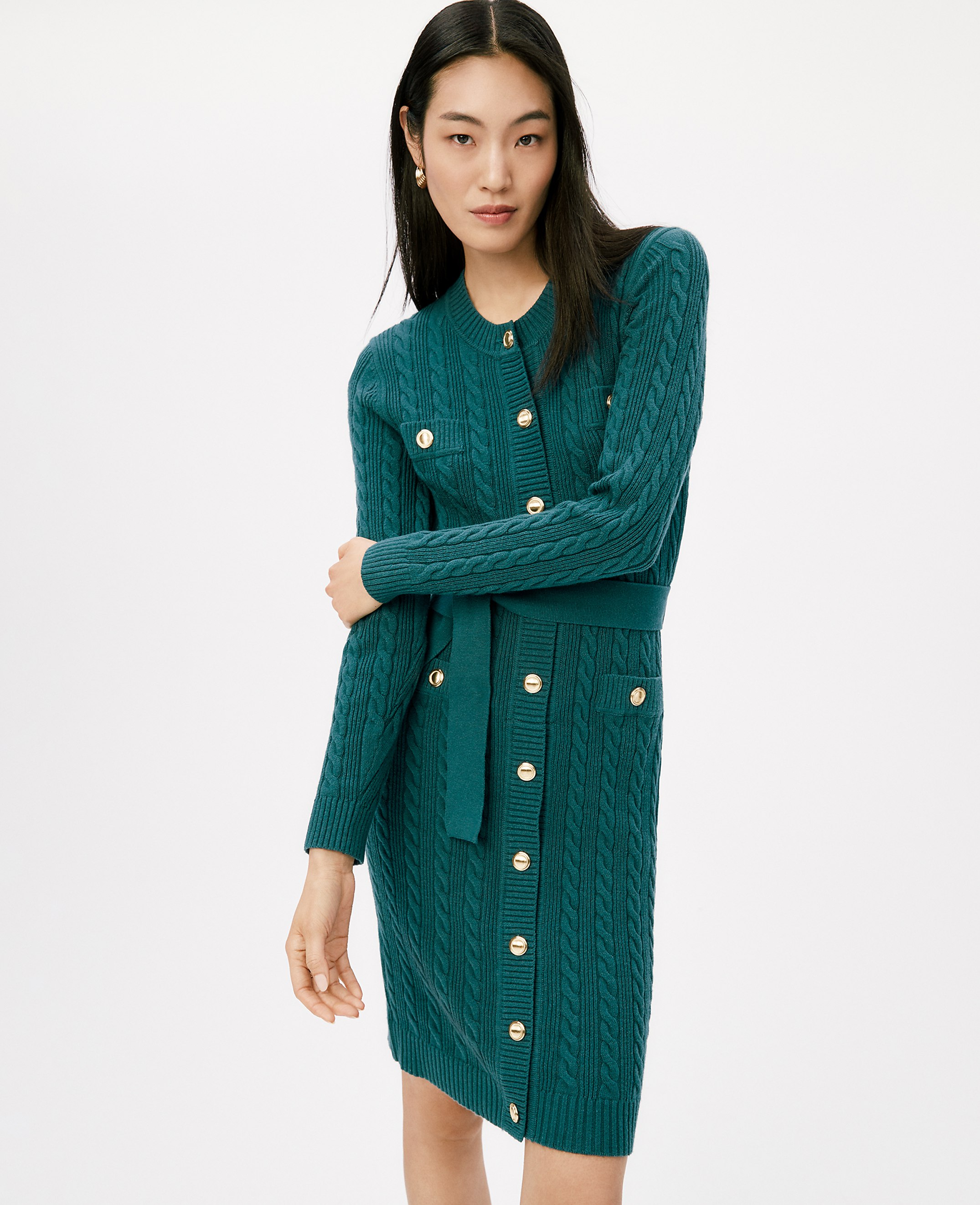 Petite Belted Cable Sweater Dress