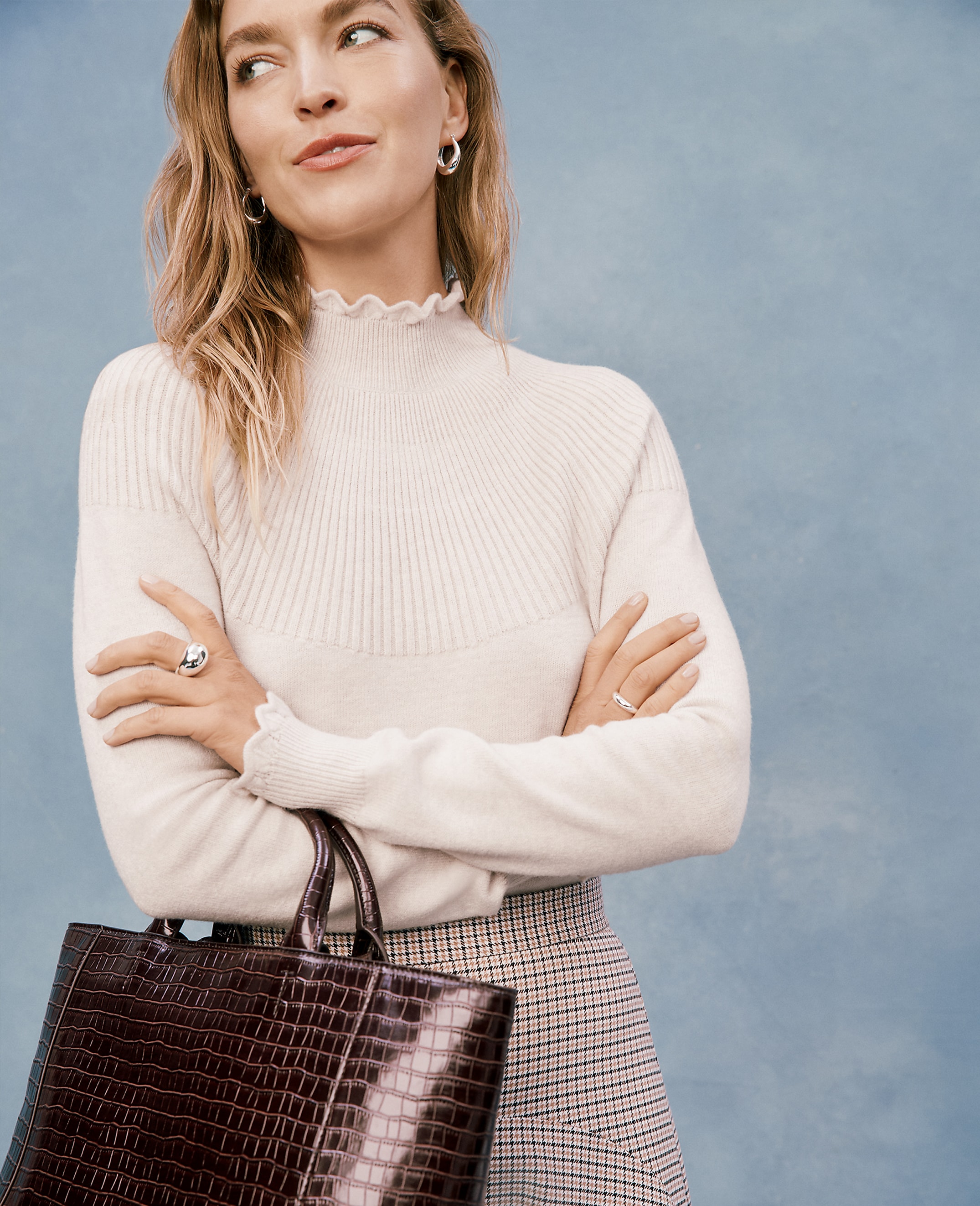 Petite Ruffle Trimmed Mock Neck Sweater