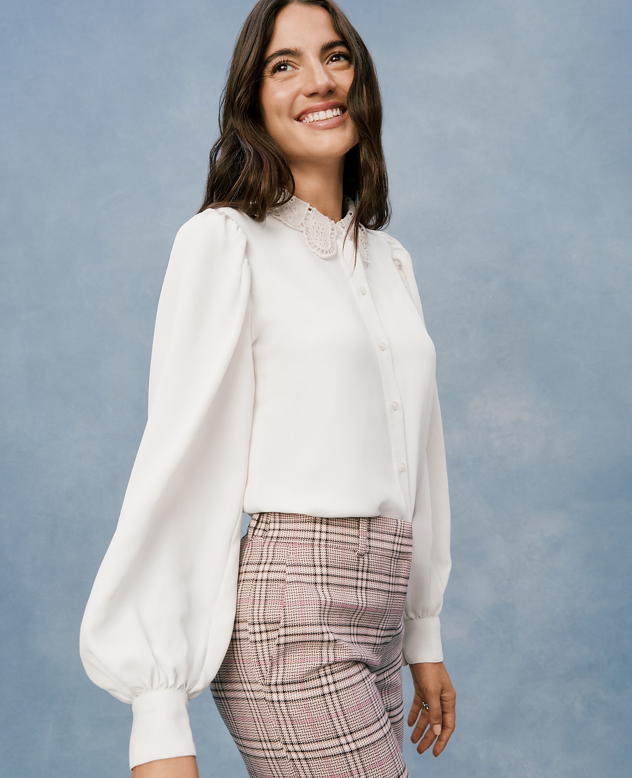 Petite Lace Collar Blouson Sleeve Shirt