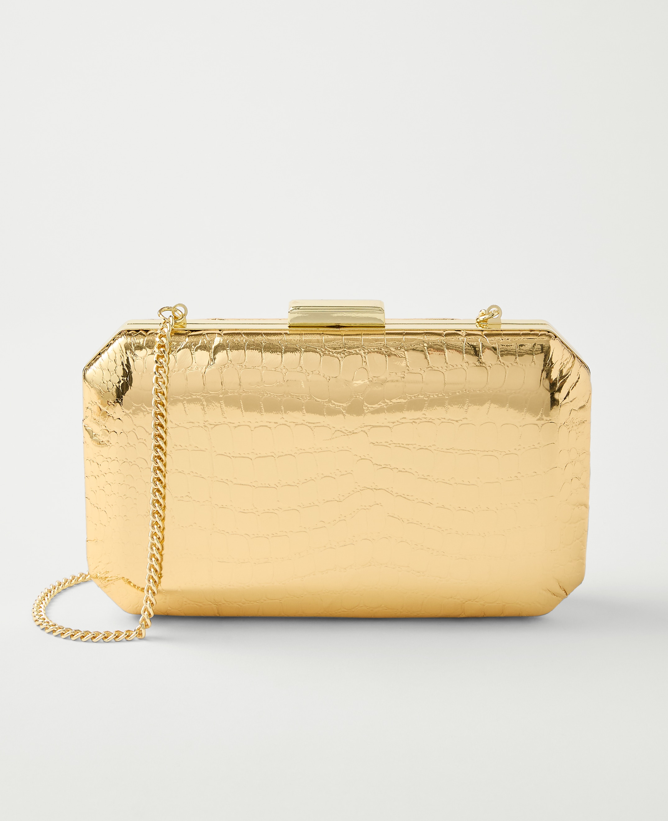 Beveled Metallic Croco Clutch