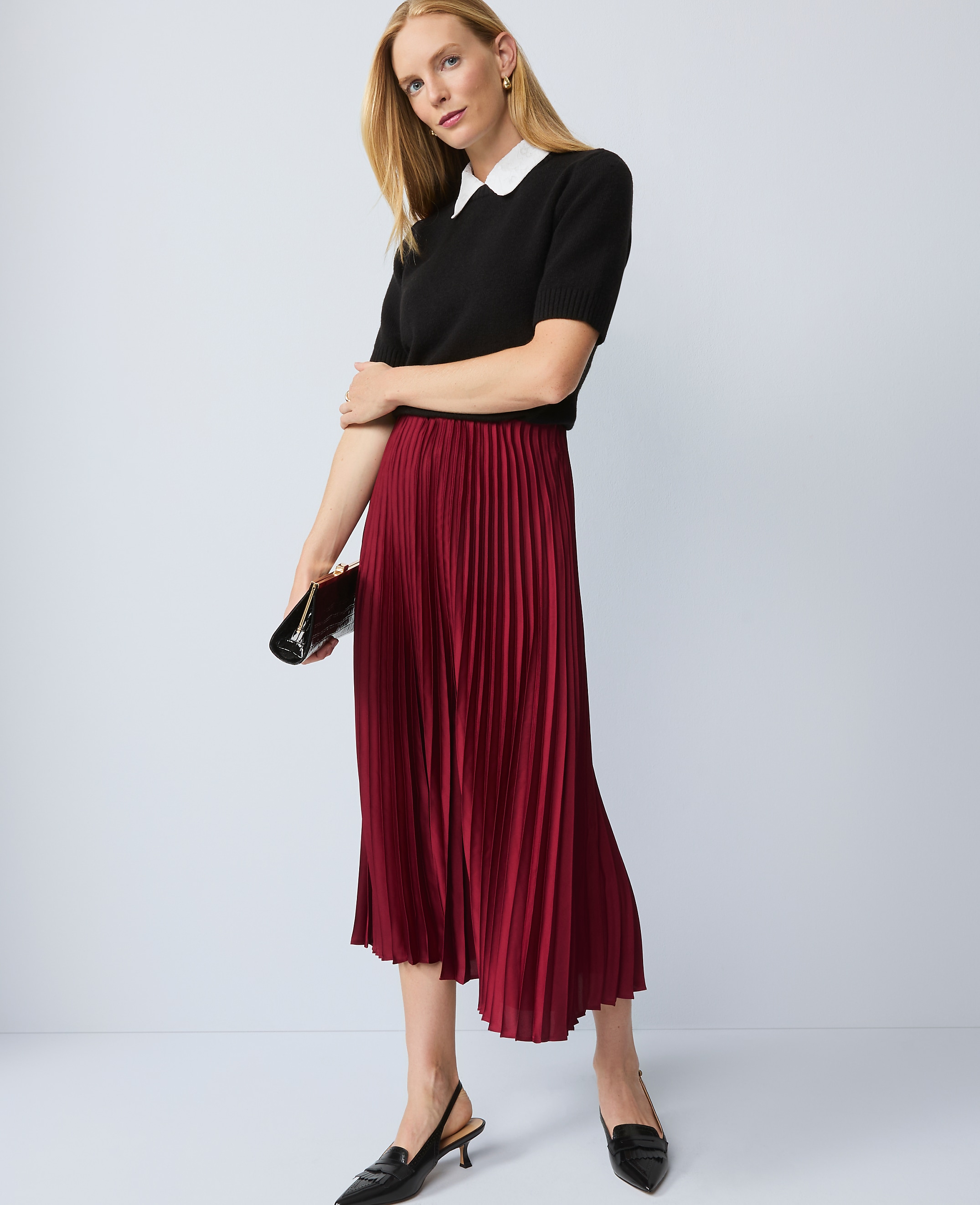 Petite Satin Pleated Midi Skirt