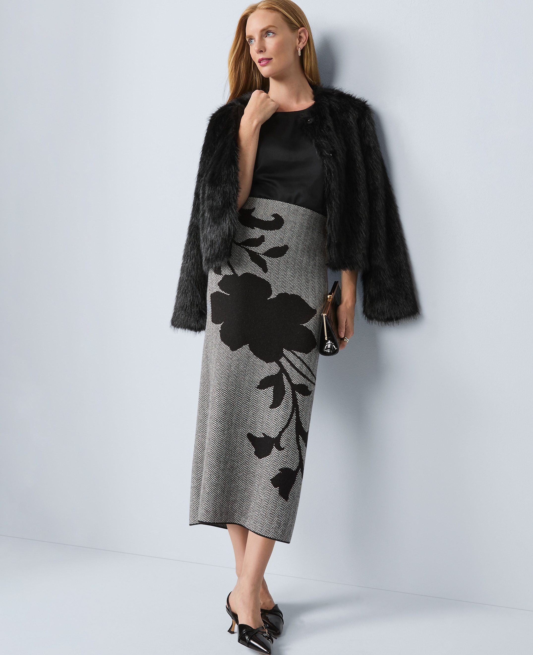 Herringbone Floral Jacquard Sweater Skirt