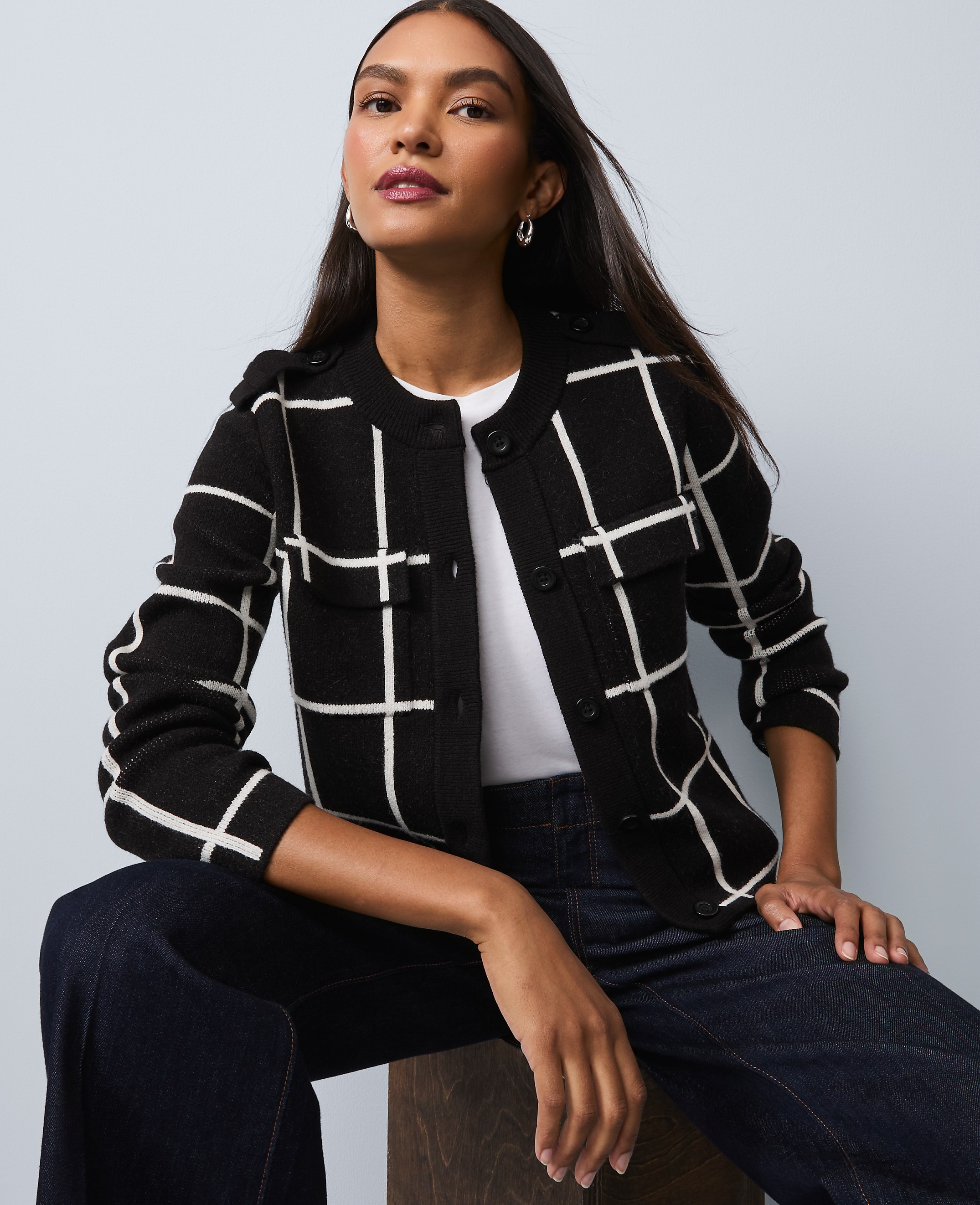 Petite Windowpane Utility Sweater Jacket