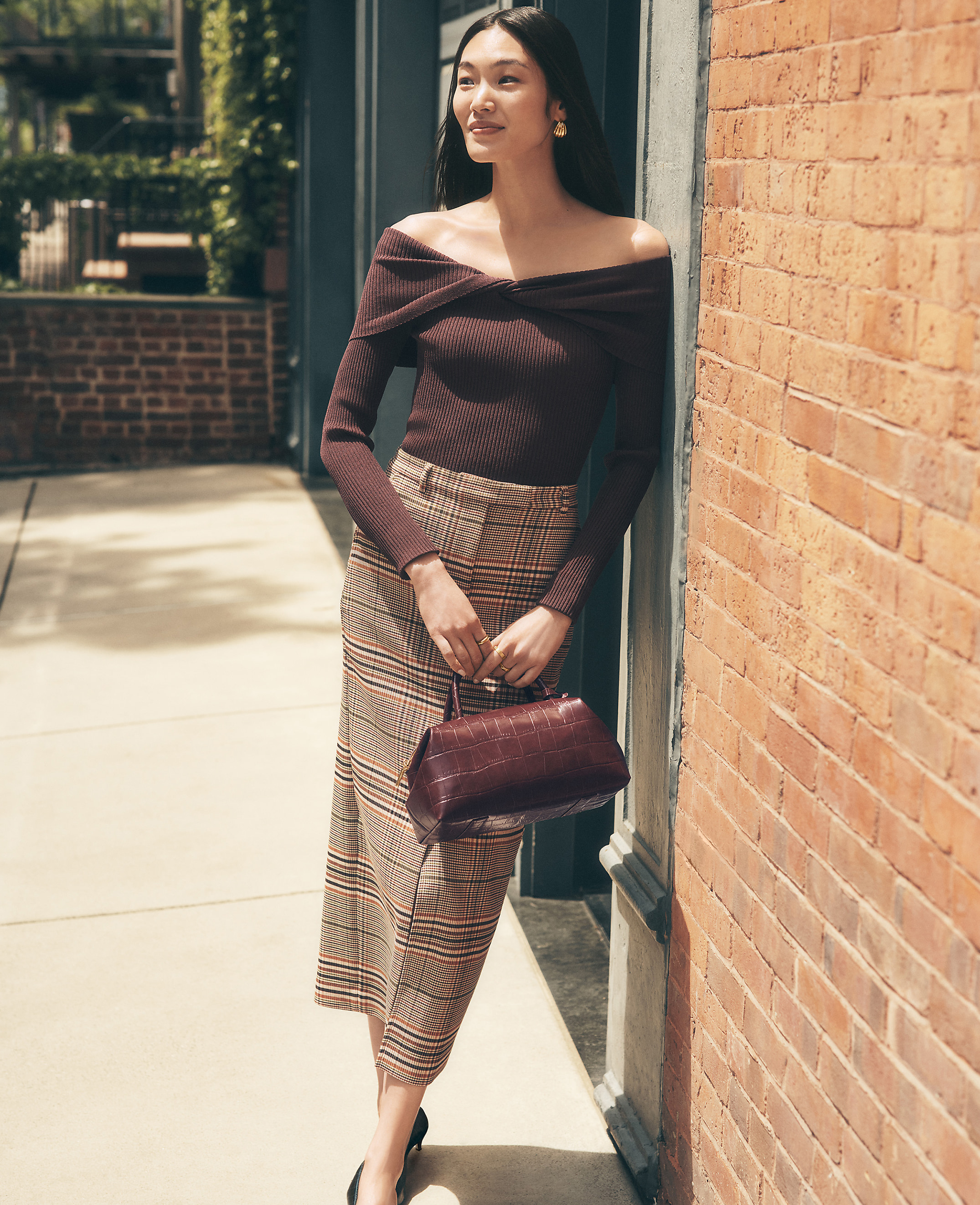The Petite Trouser Column Midi Skirt in Plaid