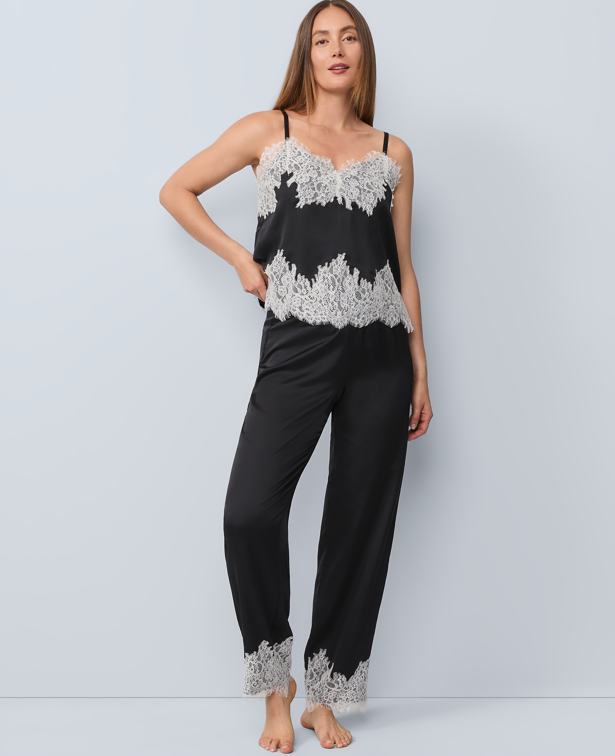 Lace Trim Satin Pajama Set