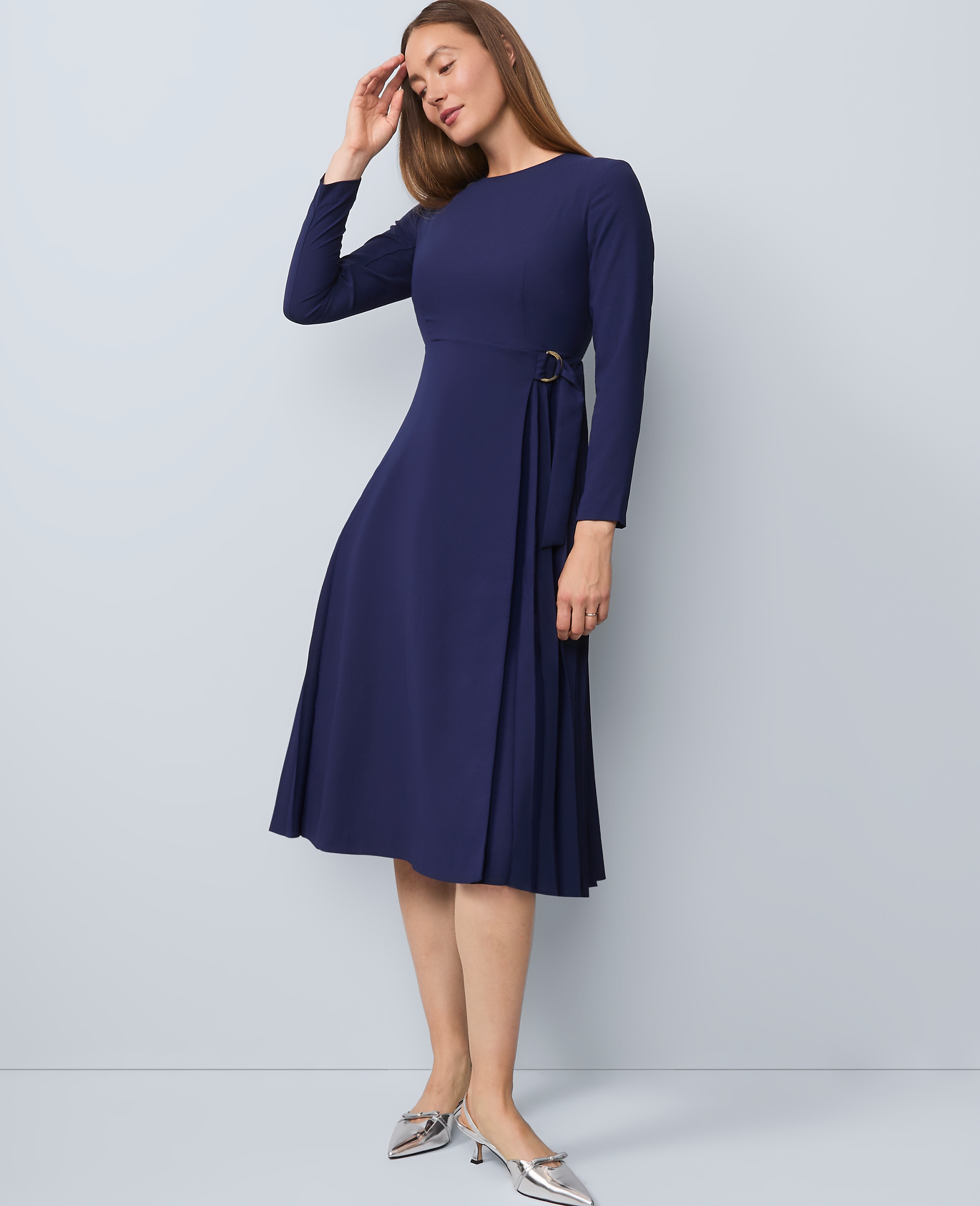 Pleated Crepe Flare Dress
