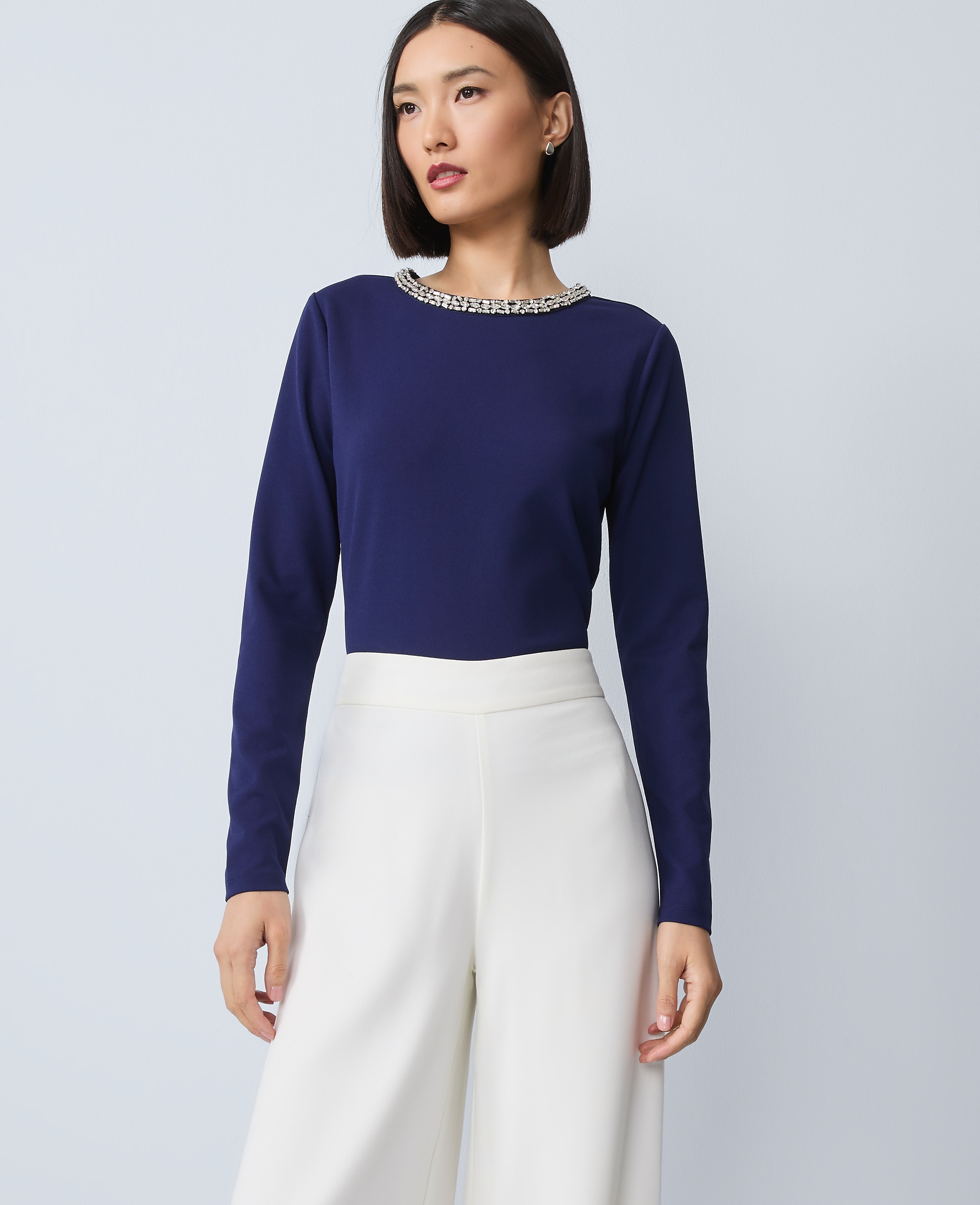 Ponte Embellished Crew Neck Top