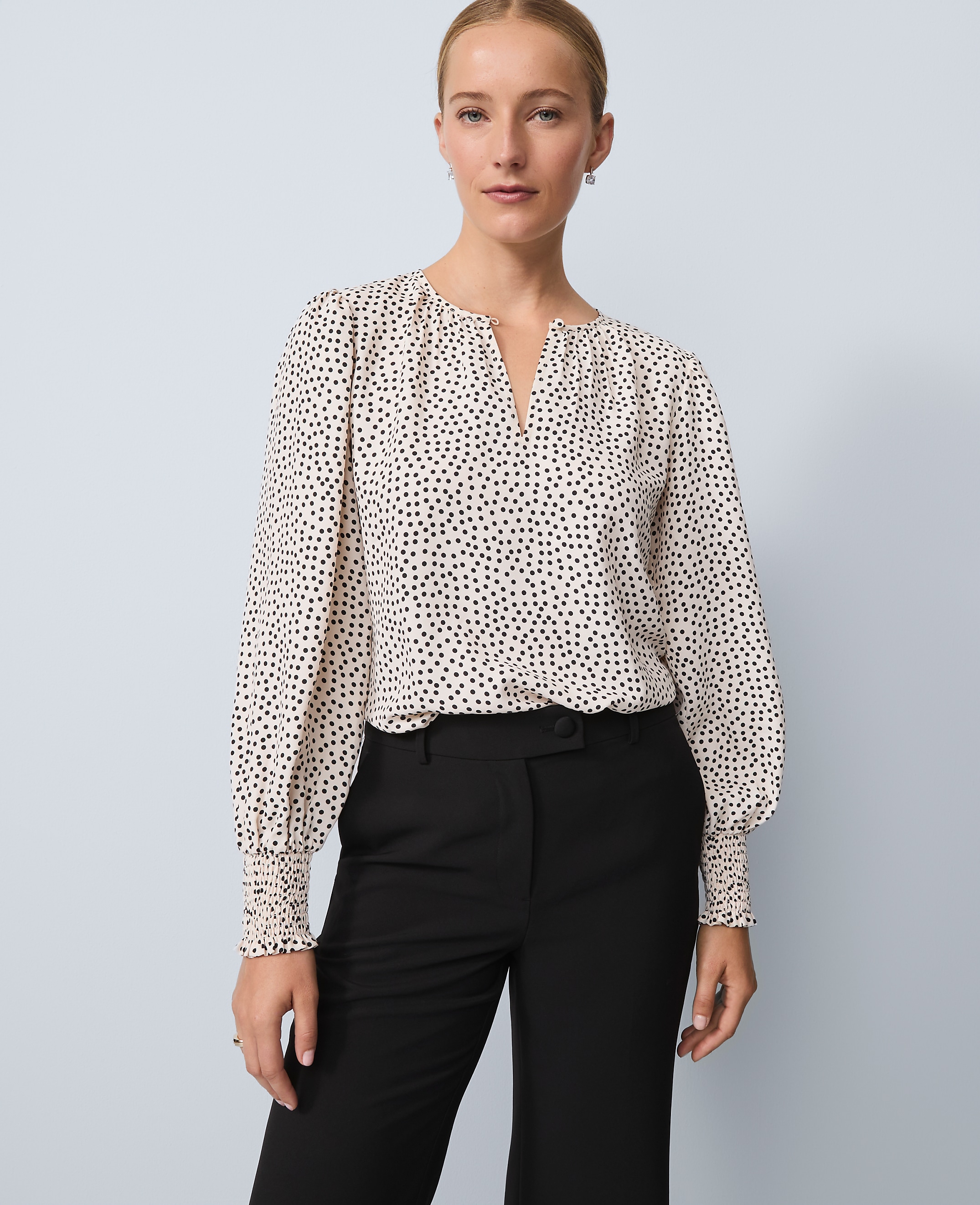 Petite Dotted Smocked Crew Neck Top