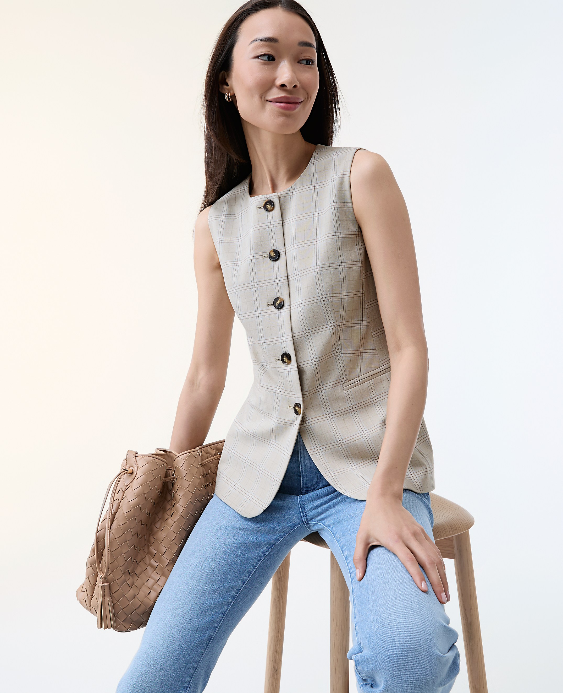 The Long Crew Neck Vest in Plaid