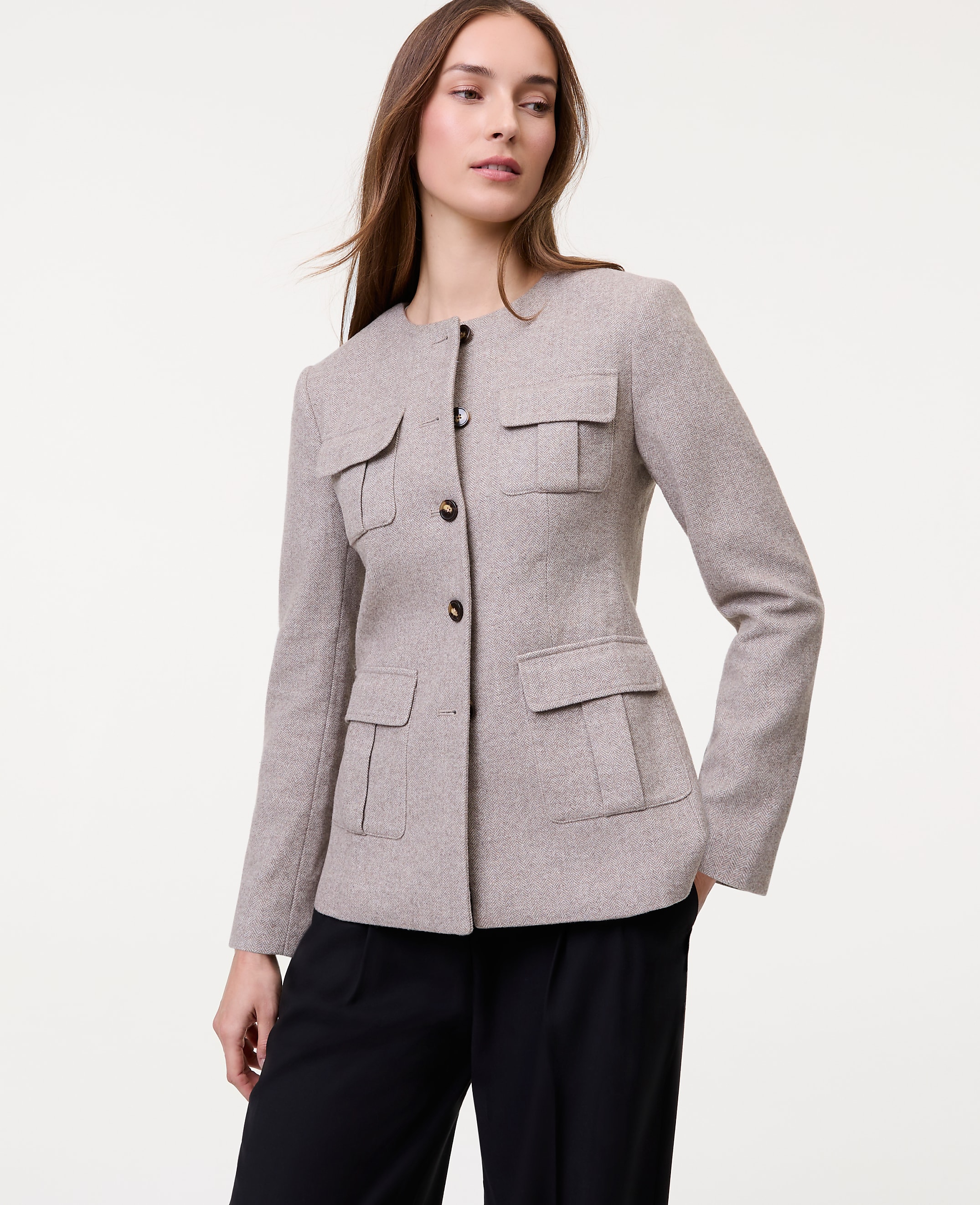 The Fitted Crew Neck Jacket in Herringbone