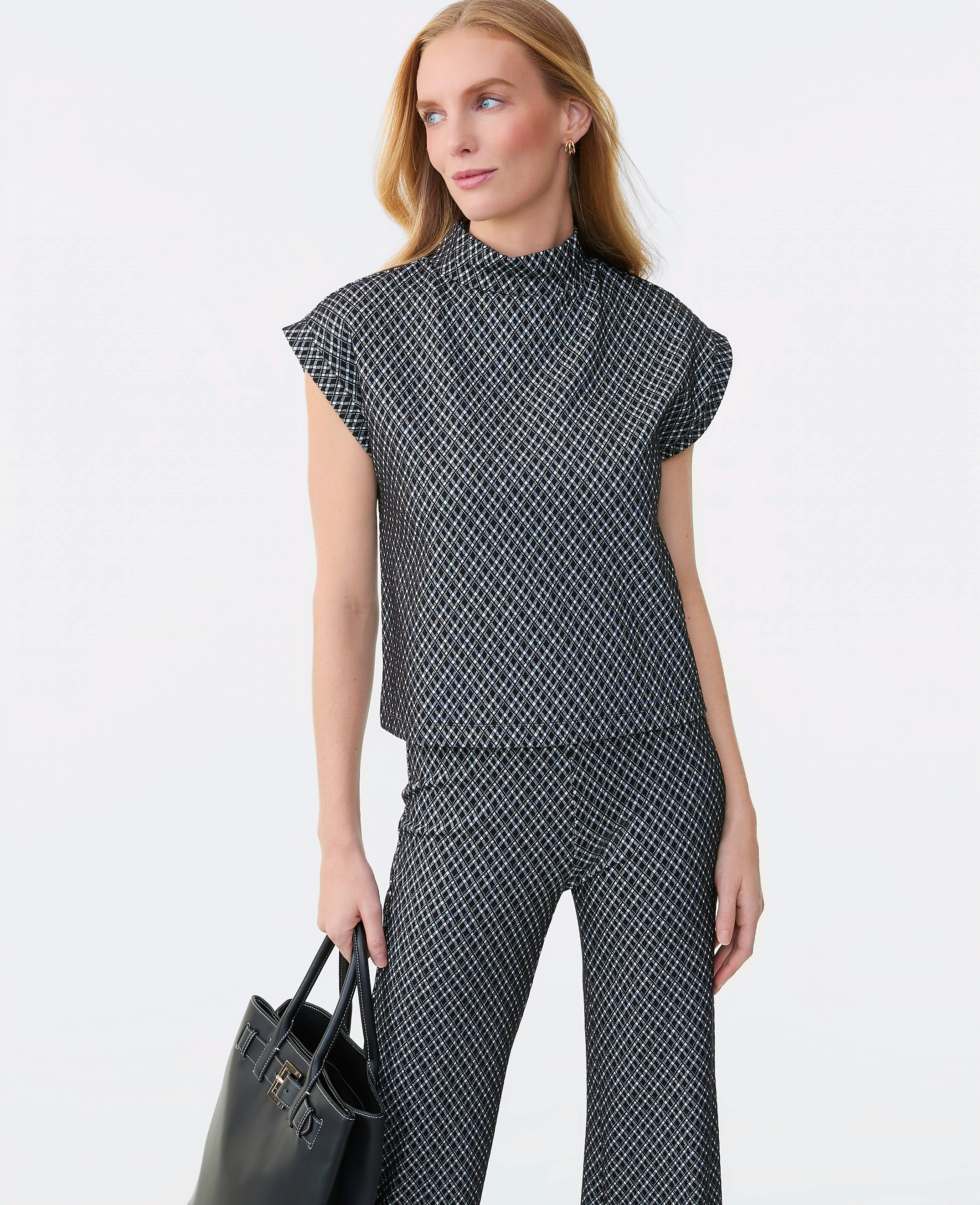Plaid Ponte Mock Neck Top