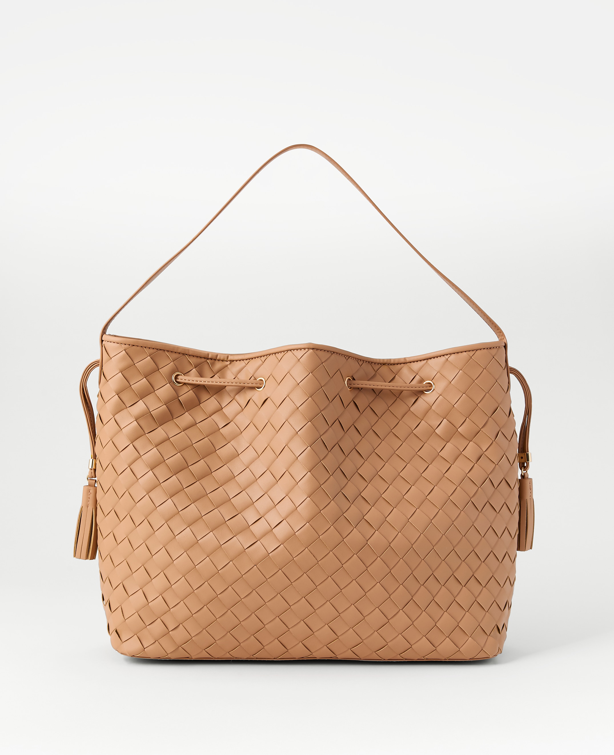 Cinched Tassel Woven Tote