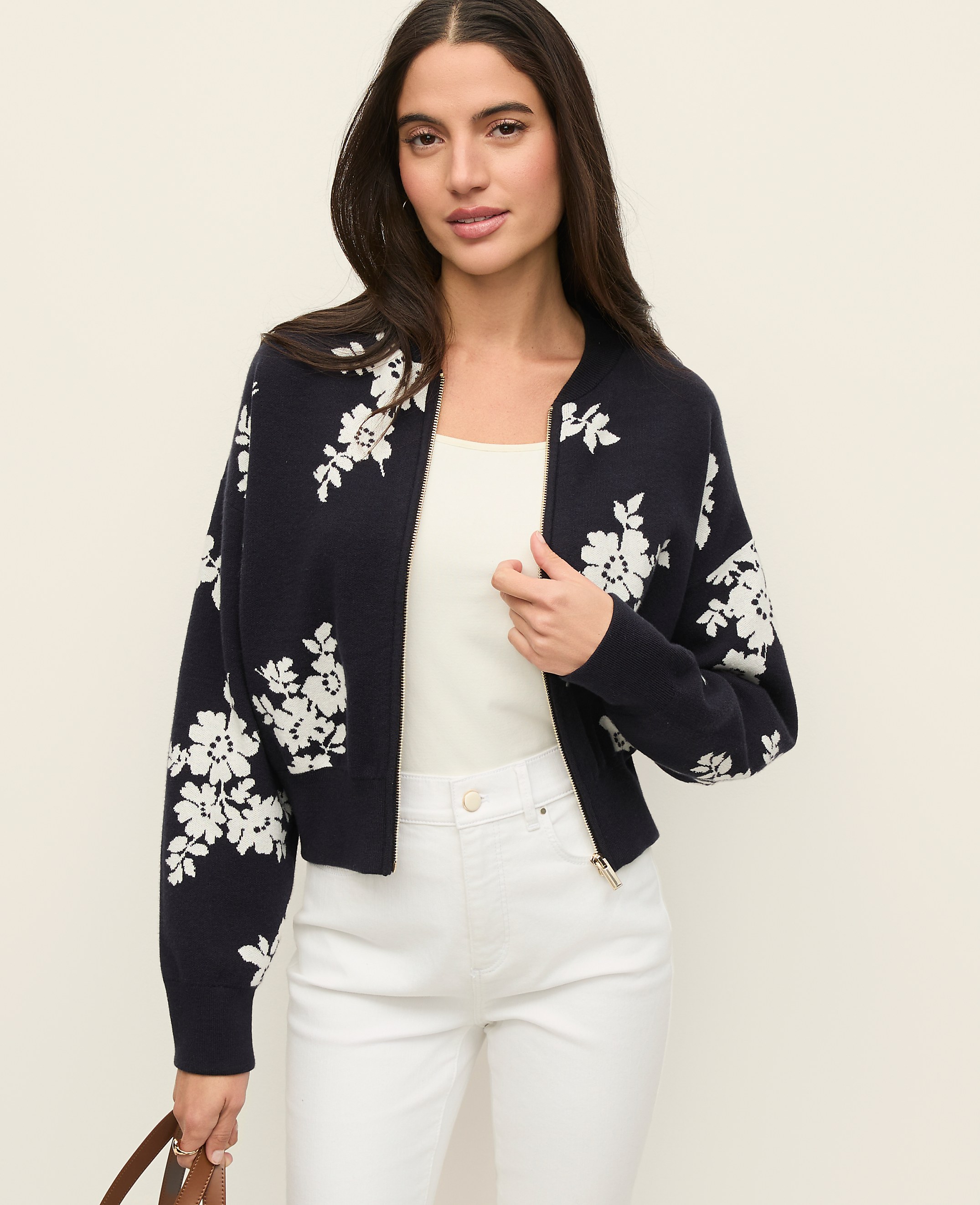 Floral Jacquard Bomber Sweater Jacket