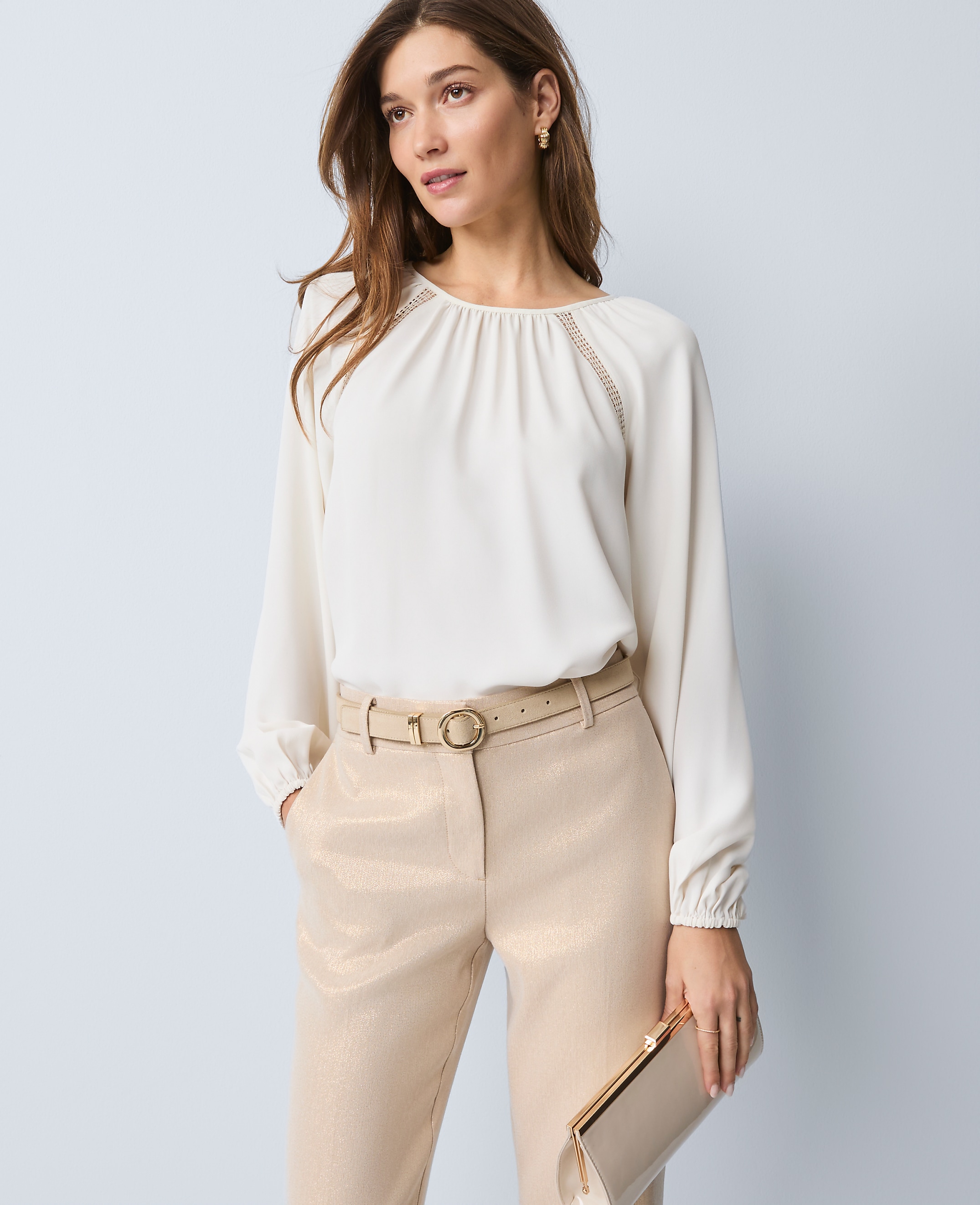Petite Lace Trim Mixed Media Blouse