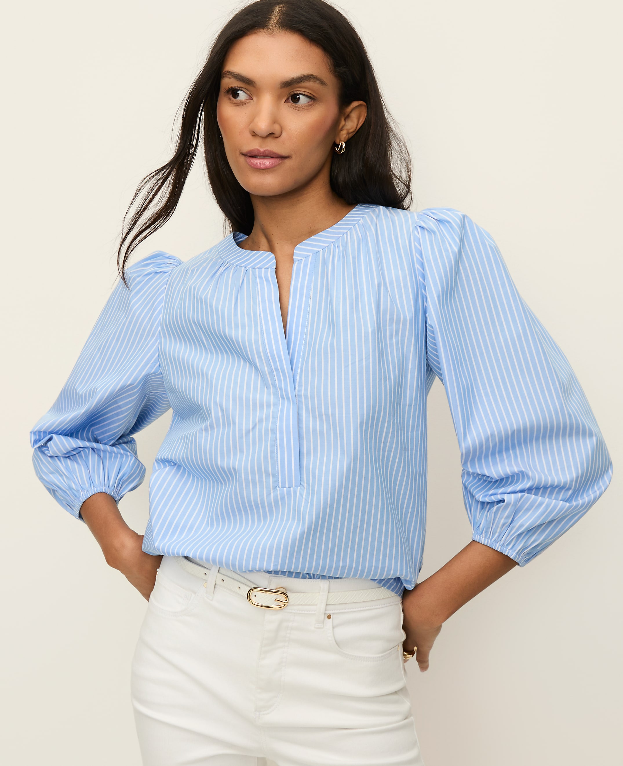 Petite Striped Puff Sleeve Blouse