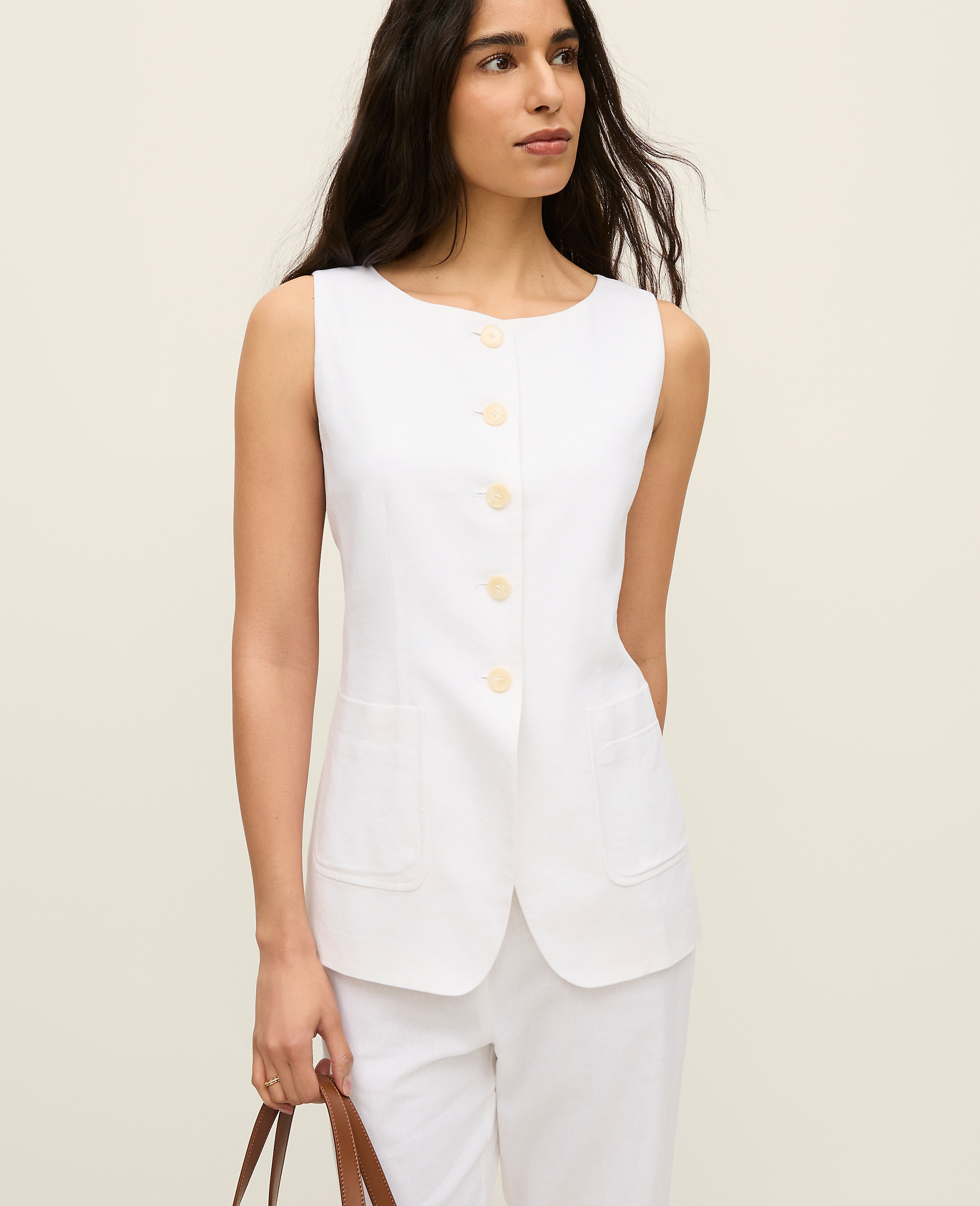 The Petite Long Crew Neck Vest in Linen Blend