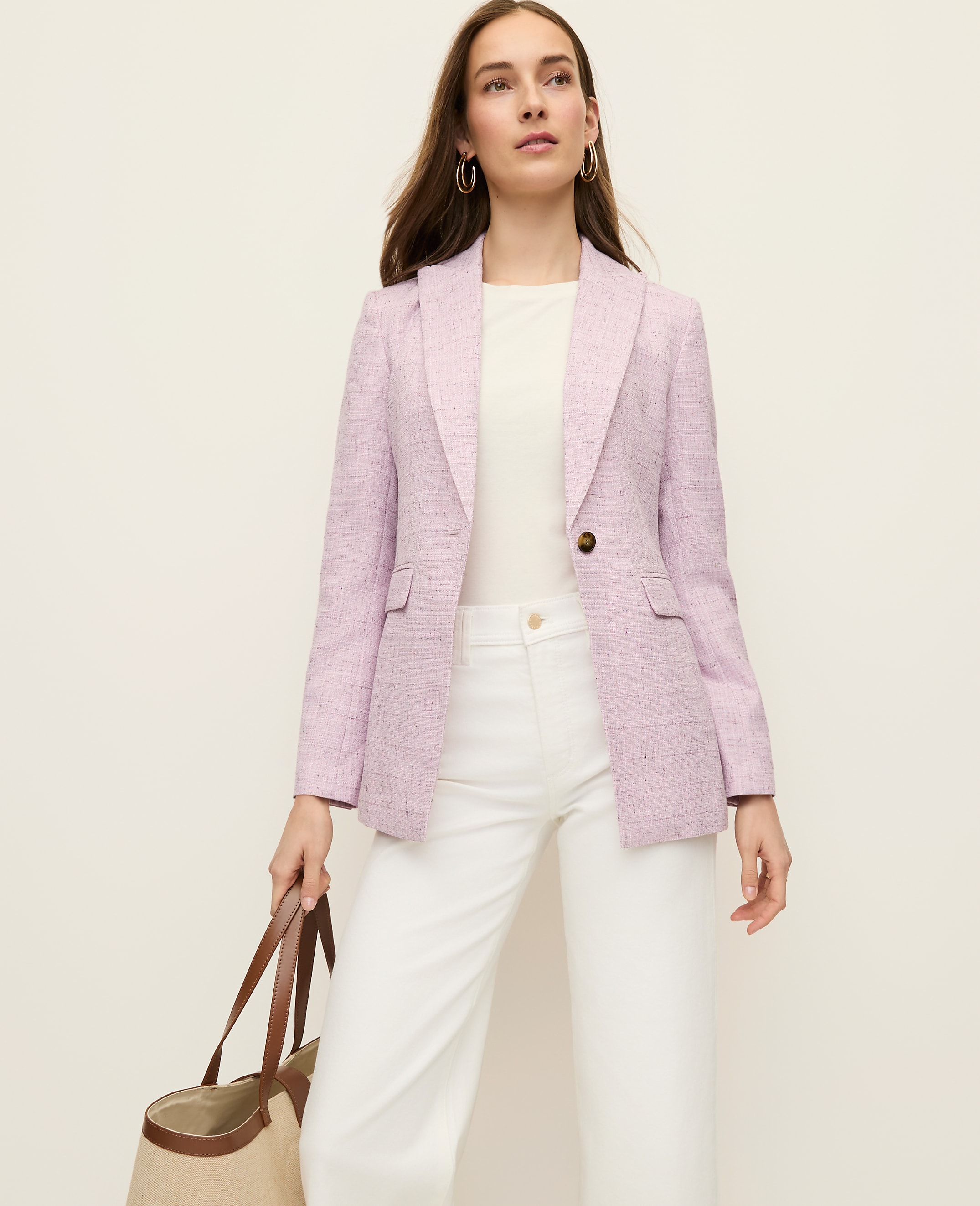 The Petite Long Single Button Blazer in Tweed