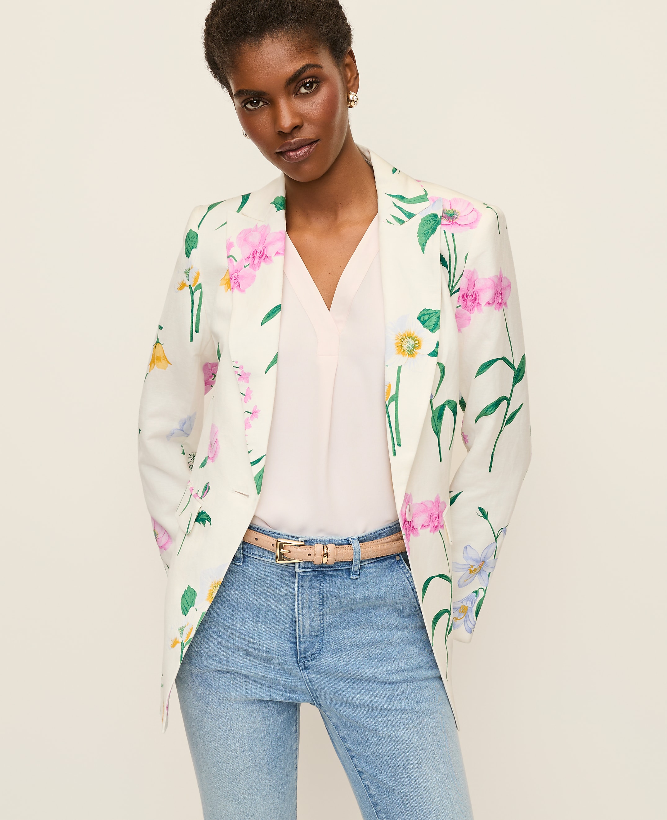 The Long Single Button Blazer in Floral Linen Blend