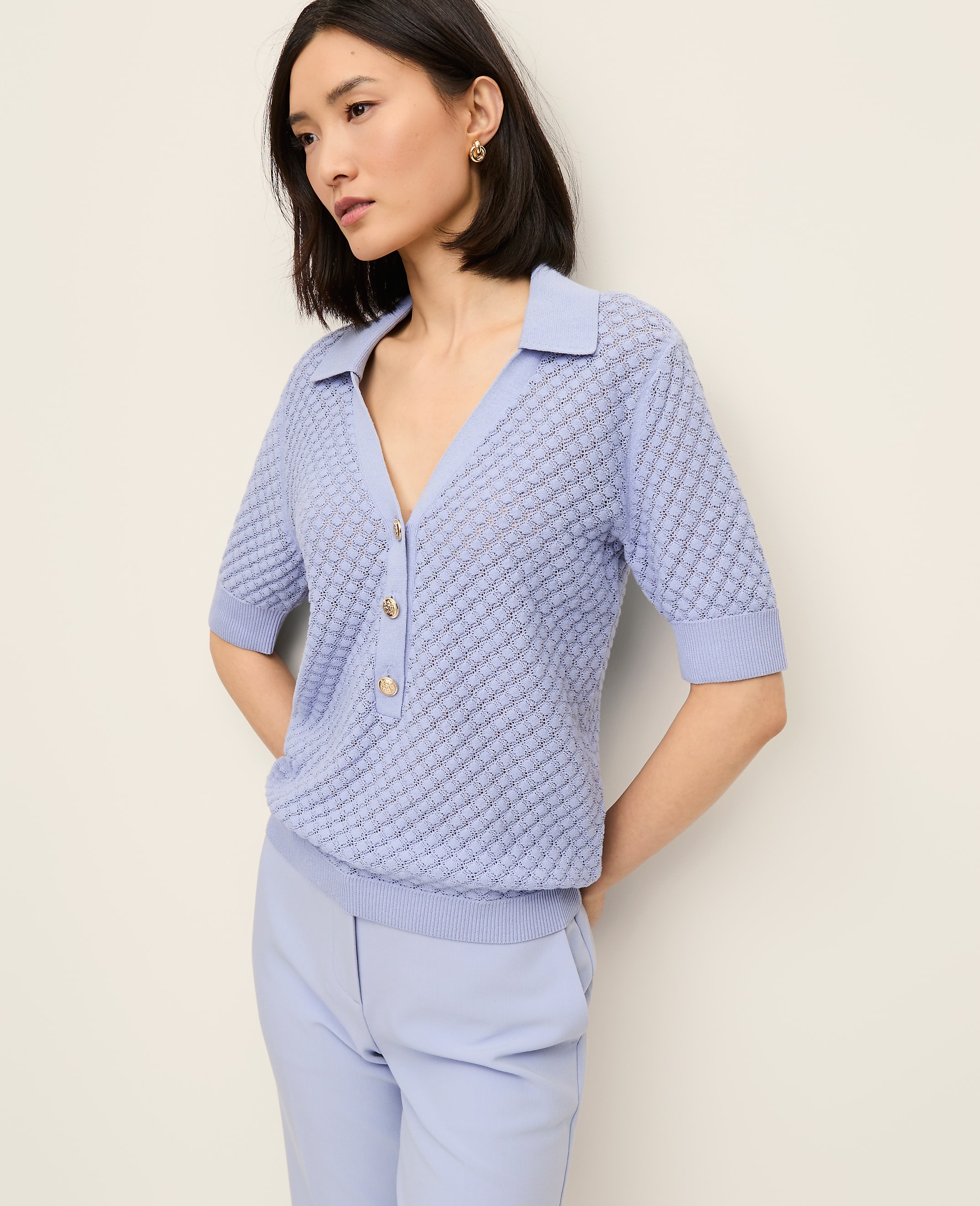 Petite Pointelle Polo Sweater